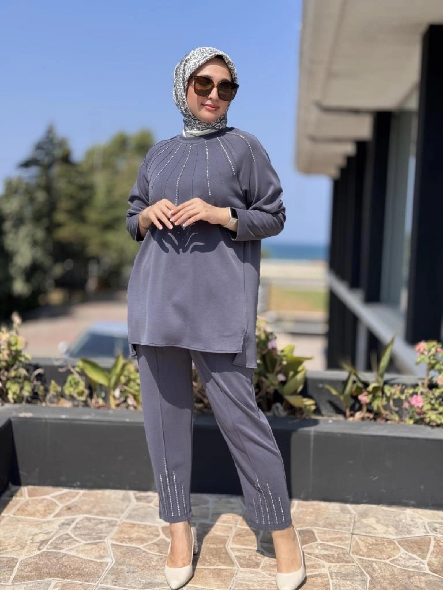 Tığ Triko Metal Süslemeli Nervürlü Tunik Pantolon Takım TKM3043