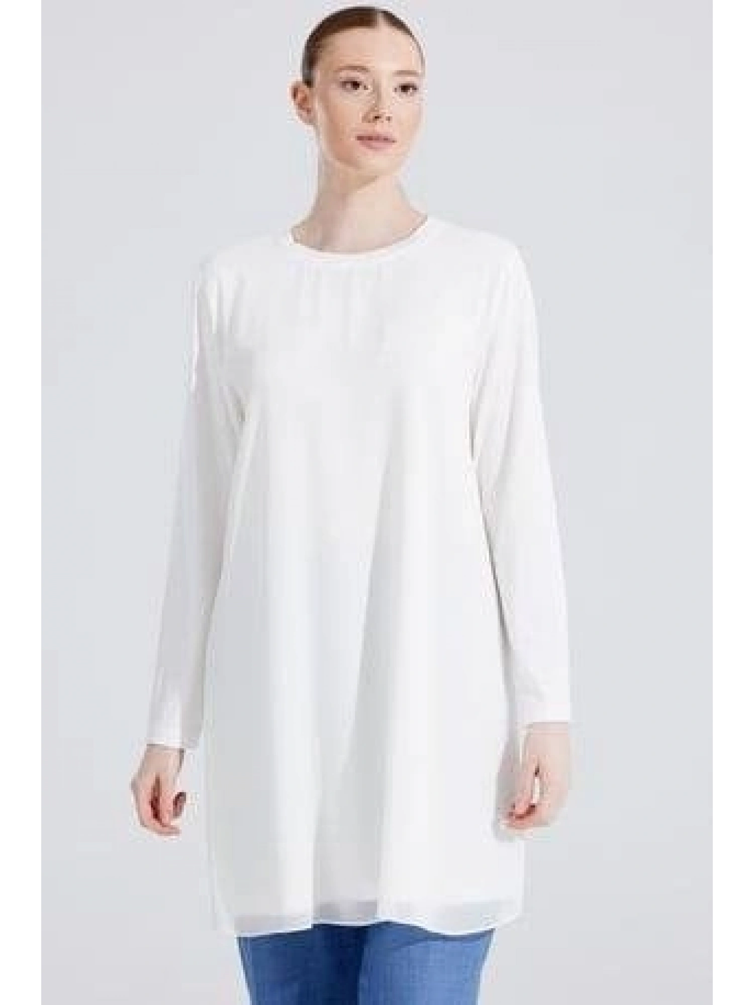 Tığ Triko Önü Şifon Sıfır Yakalı Uzun Kollu Penye Tunik TNK1815