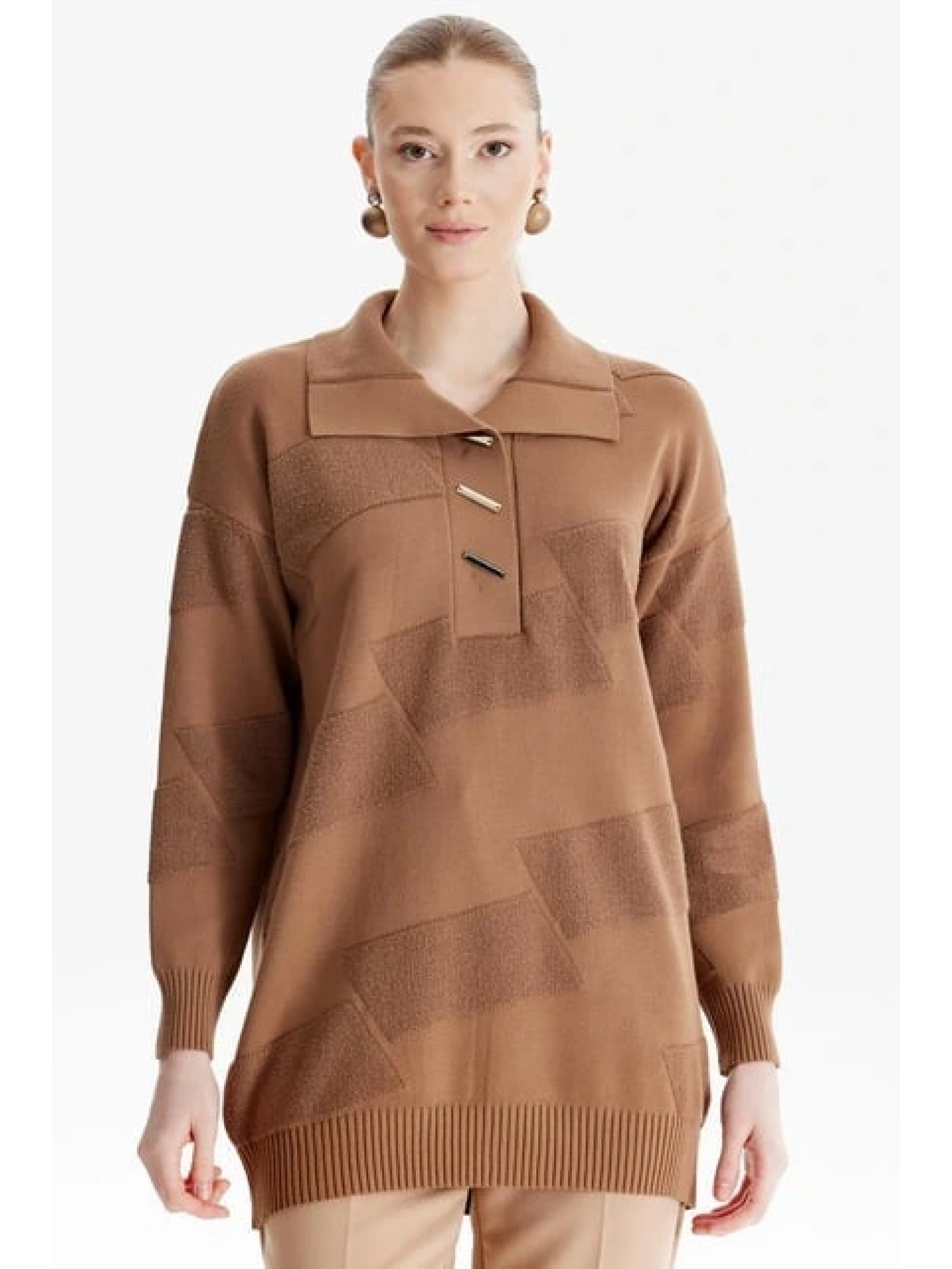 Tığ Triko Polo Yakalı Kabartma Örgülü Triko Tunik TNK21544