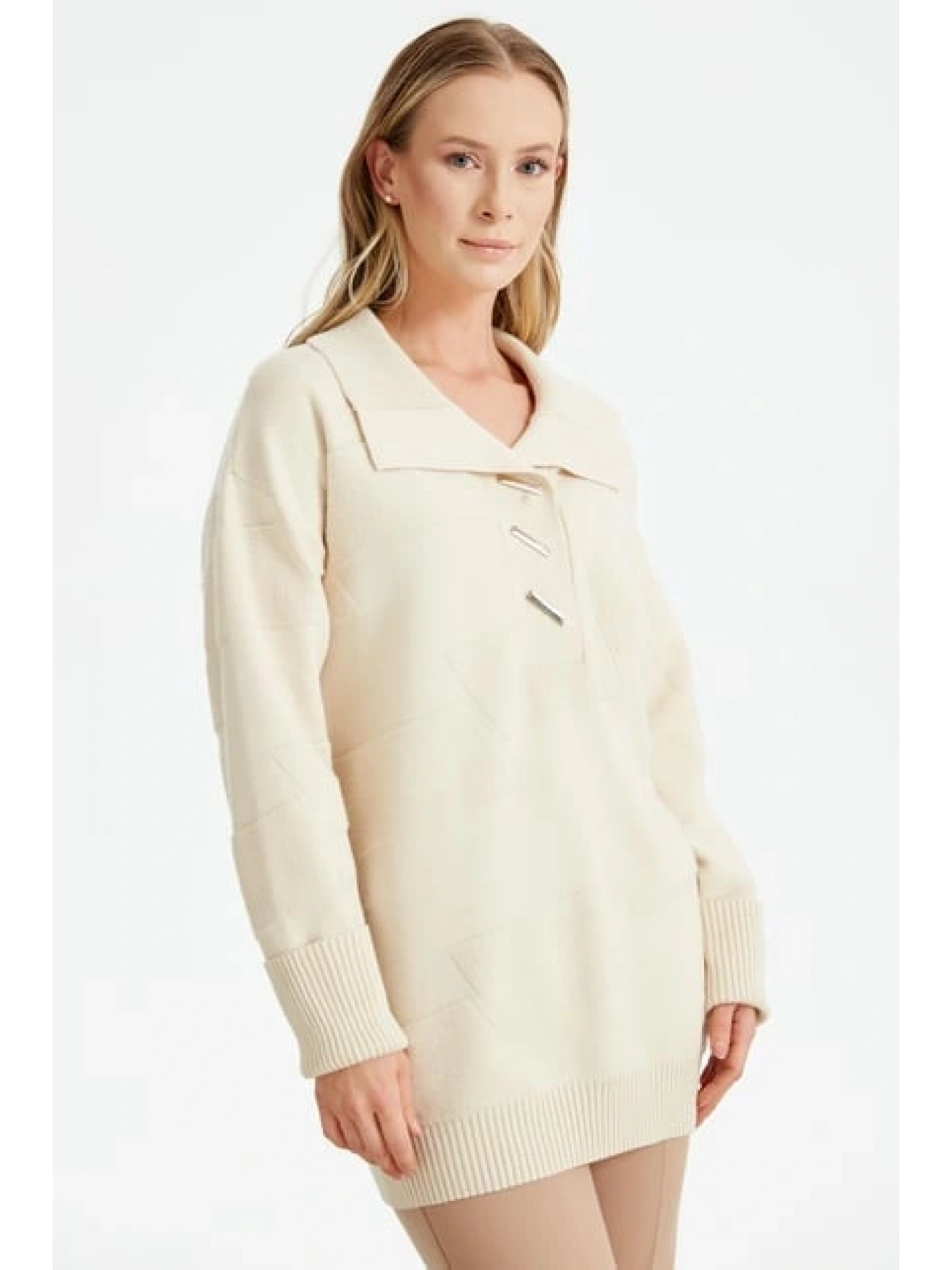 Tığ Triko Polo Yakalı Kabartma Örgülü Triko Tunik TNK21544