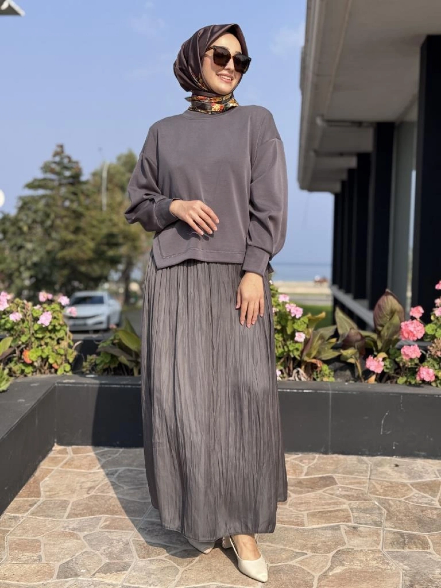 Tığ Triko Saten Kurdele Detaylı Etekli Takım TKM5045