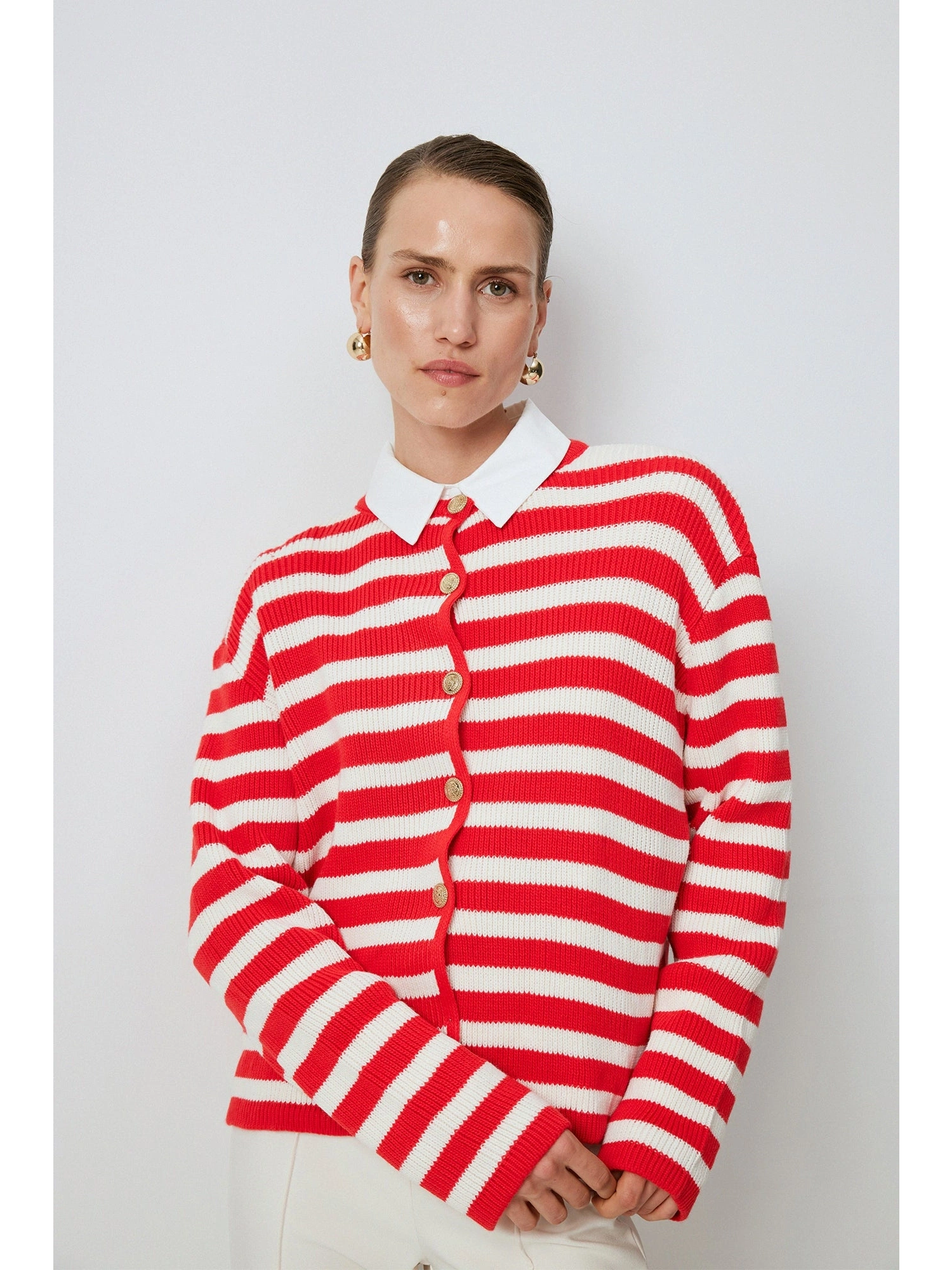 Touche Gold Düğmeli Çizgili Kısa Hırka 24F1XD025