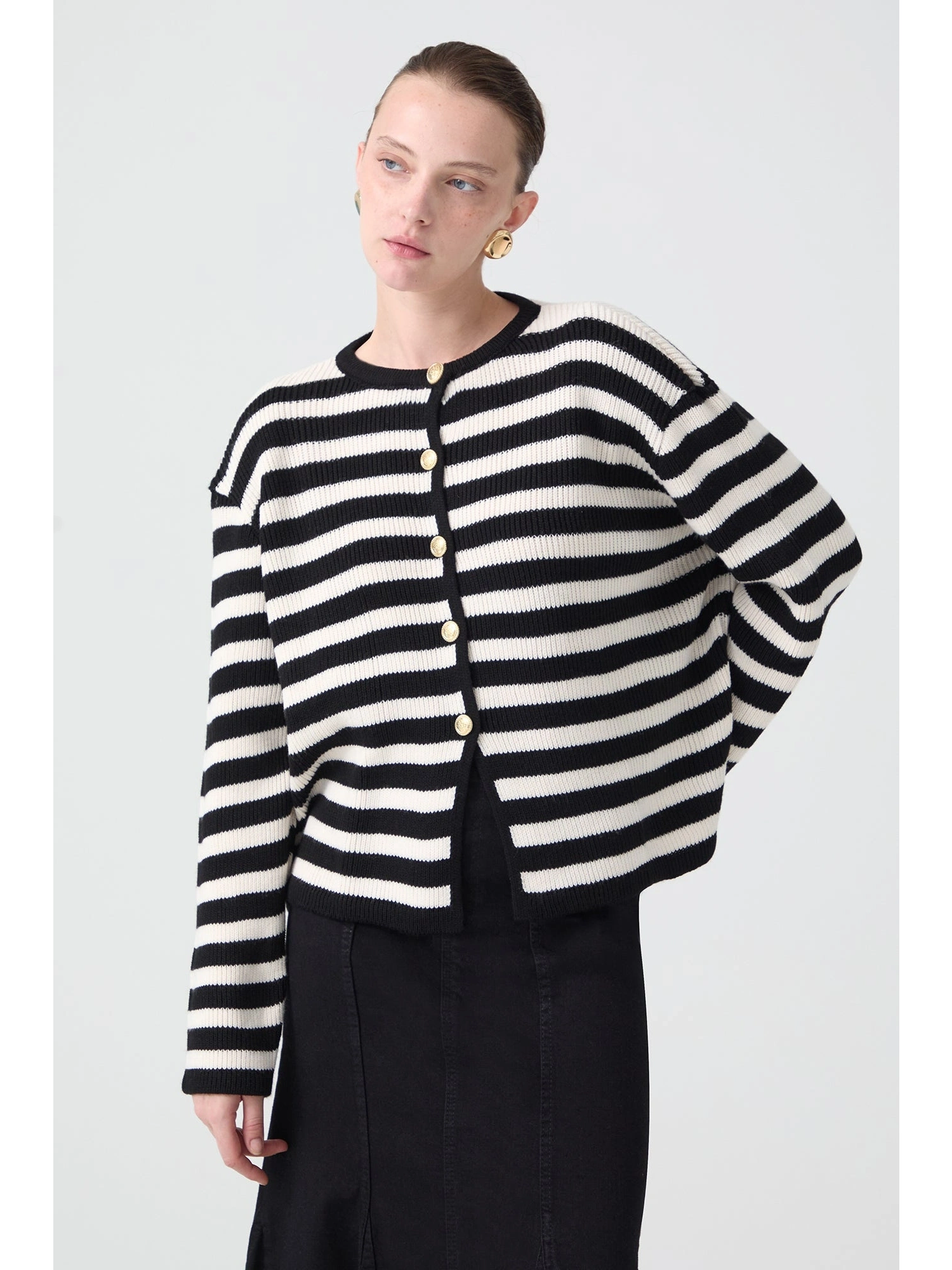 Touche Gold Düğmeli Çizgili Kısa Hırka 24F1XD025