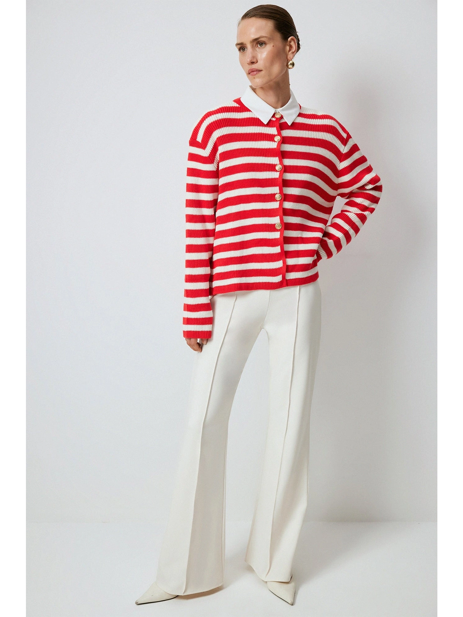 Touche Gold Düğmeli Çizgili Kısa Hırka 24F1XD025