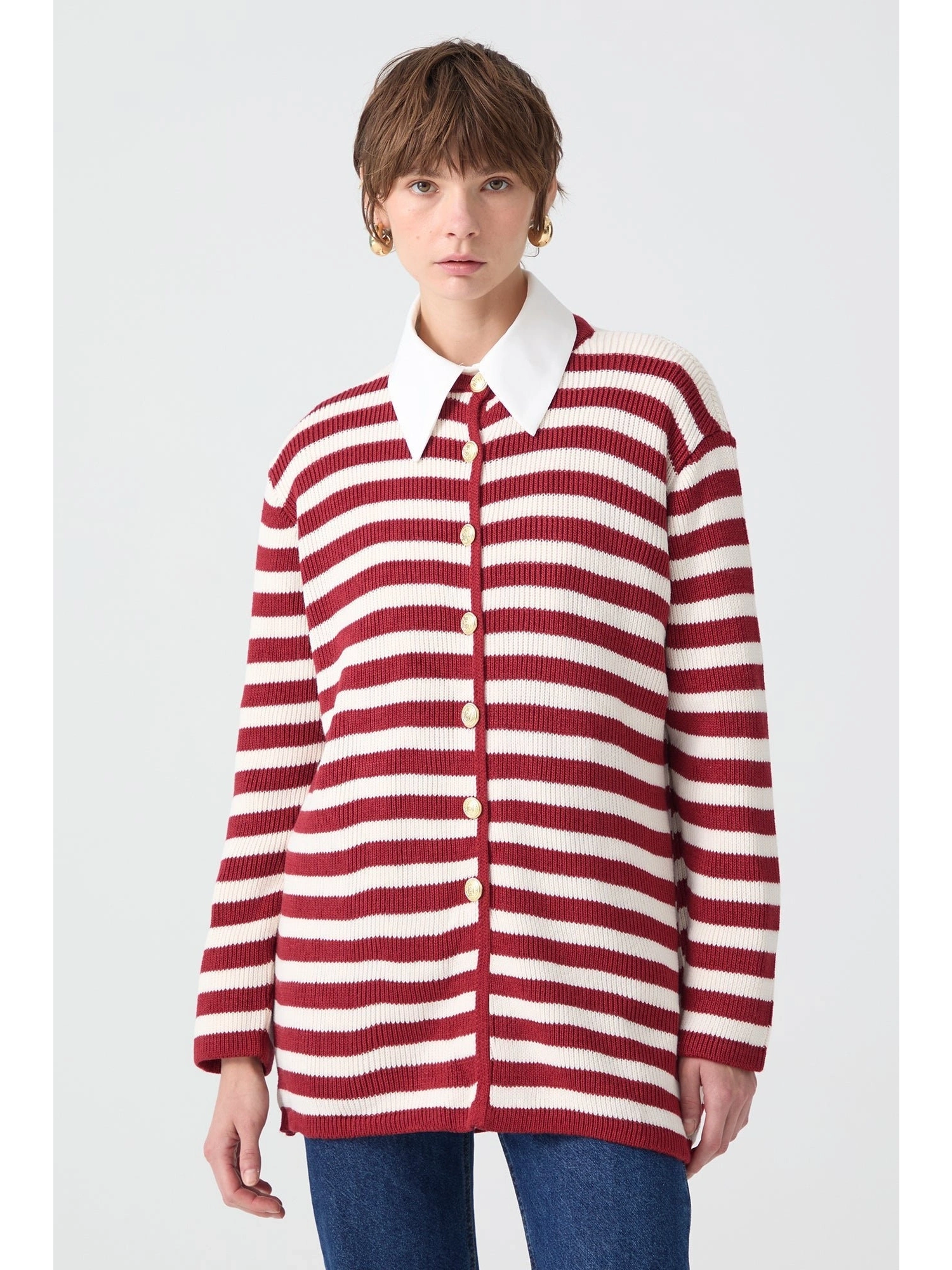 Touche Gold Düğmeli Çizgili Uzun Hırka 23F1XD166