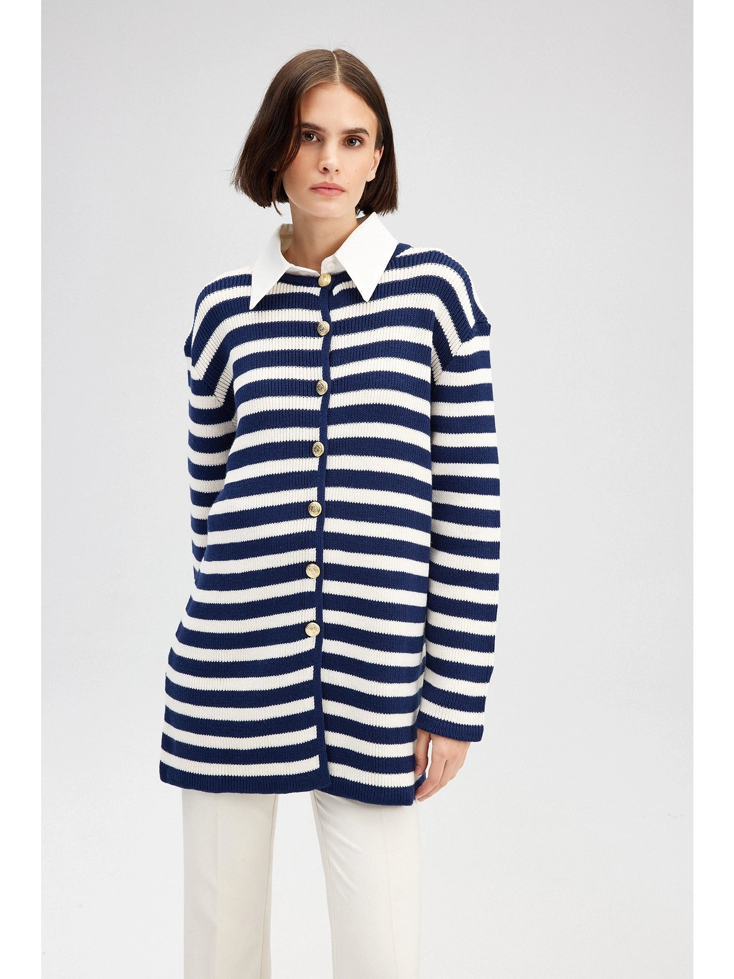 Touche Gold Düğmeli Çizgili Uzun Hırka 23F1XD166