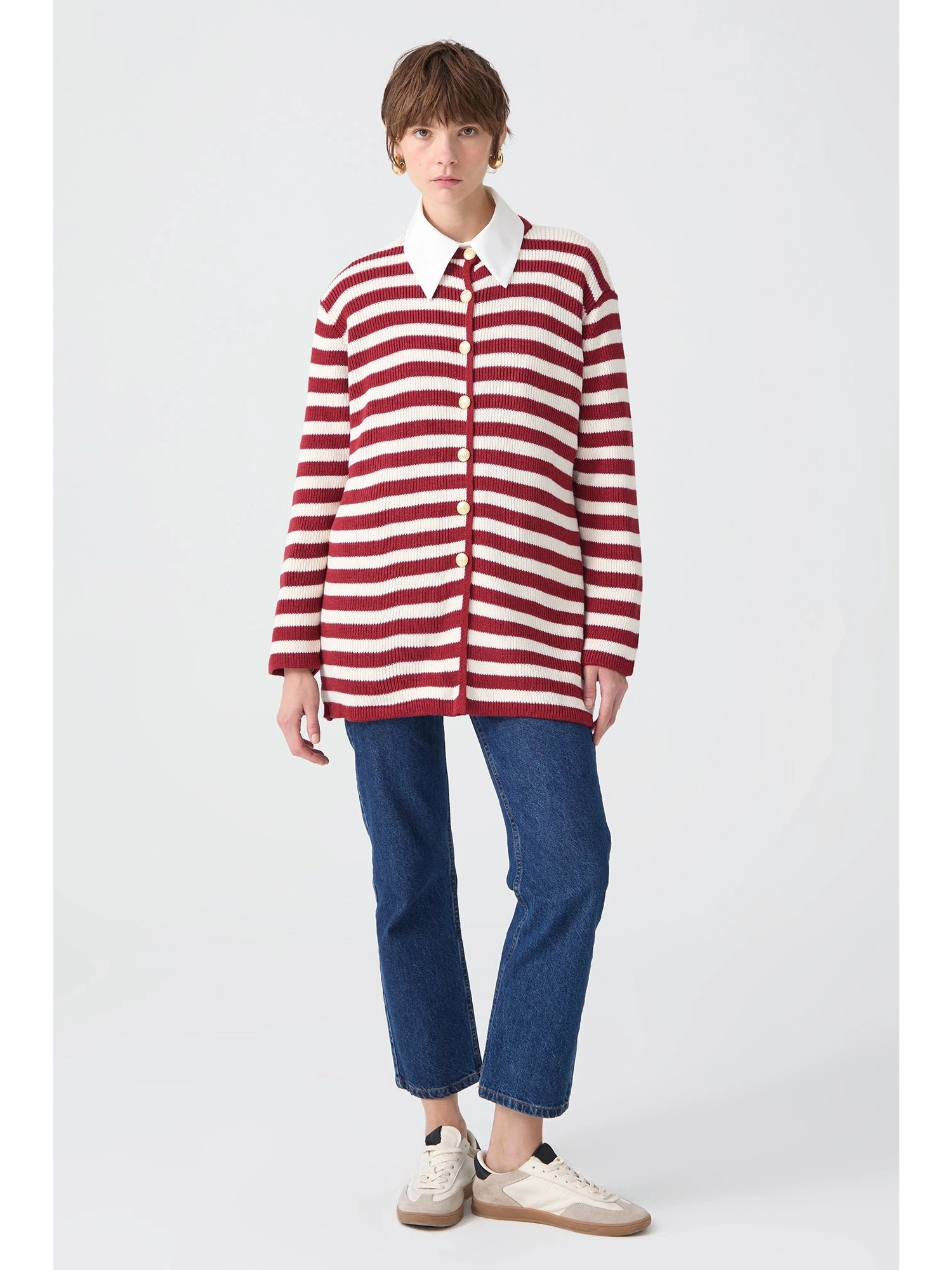 Touche Gold Düğmeli Çizgili Uzun Hırka 23F1XD166