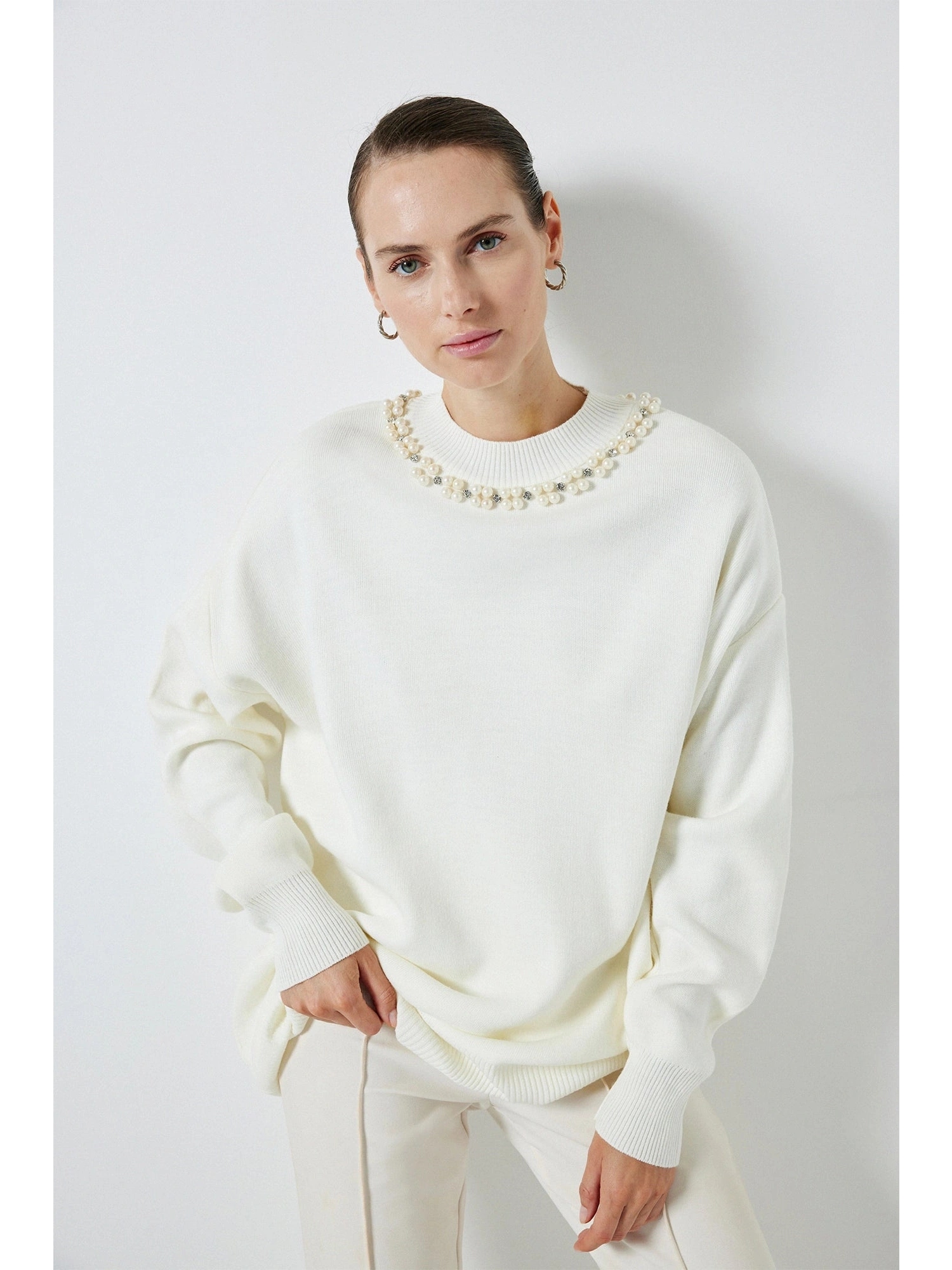 Touche Yakası İncili Triko Kazak 24F1XD053