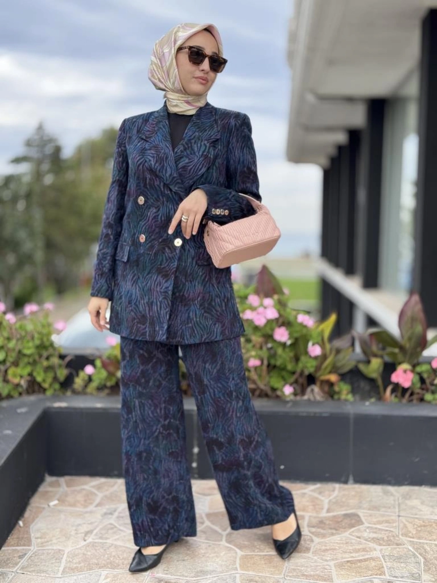 Vuu Mor Jakarlı Desenli Cupra Ceket Pantolon Takım