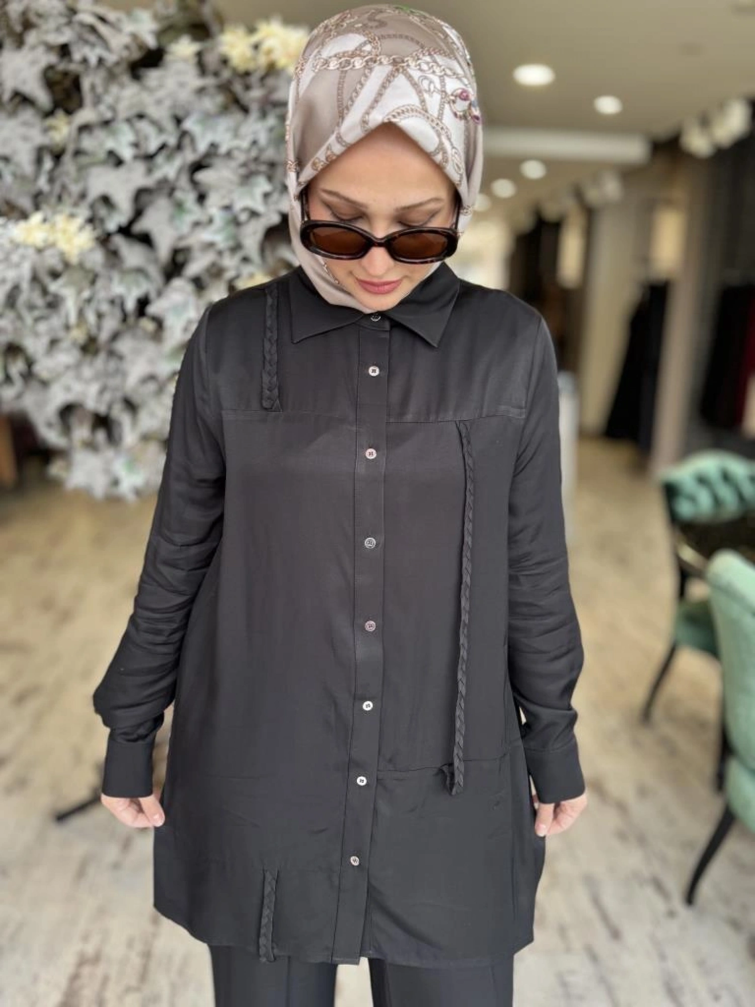 Vuu Pamuk Saten Siyah Gömlek-Pantolon Takım 24FW9V043