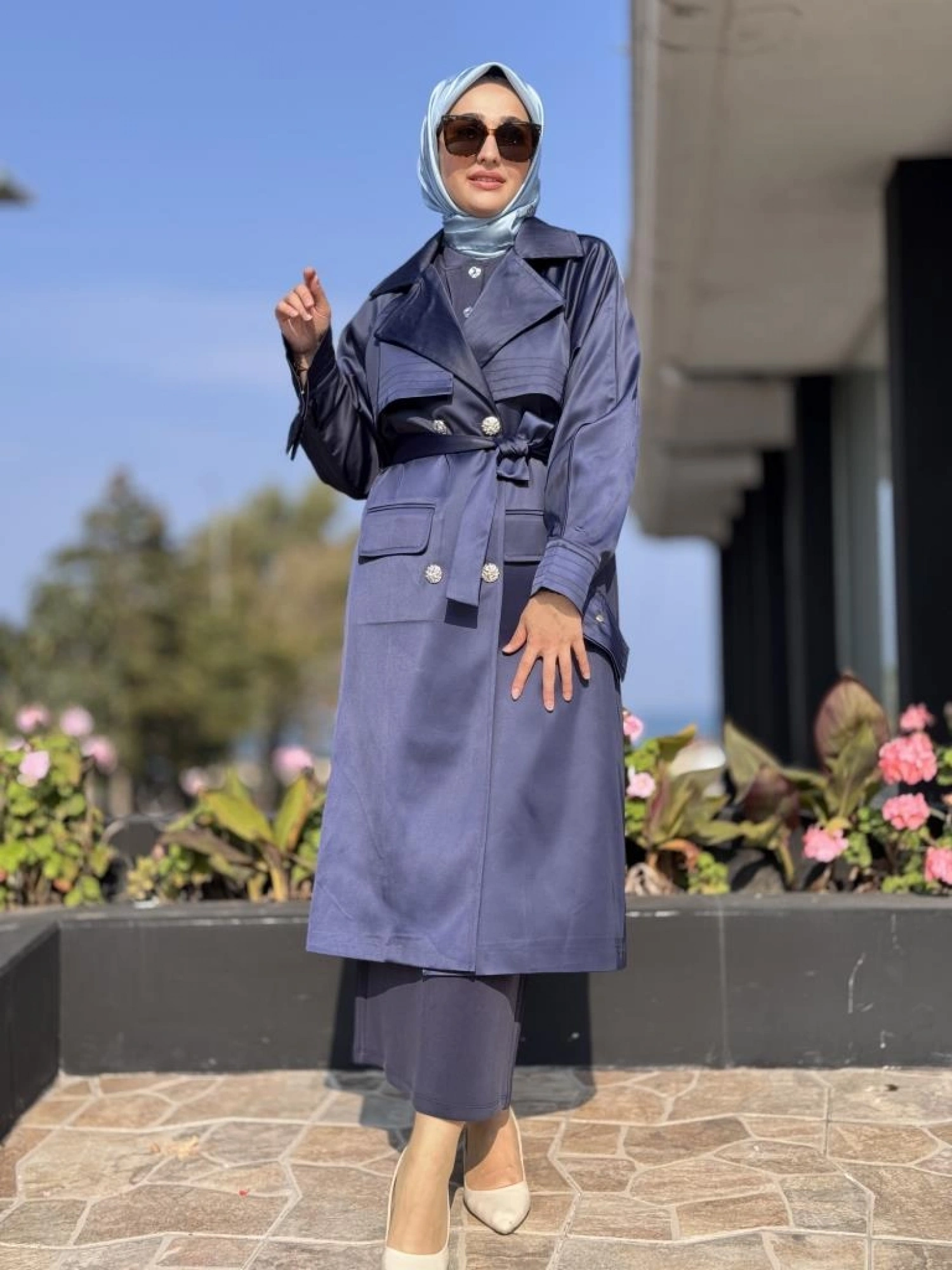 Vuu Süs Dikişli Lacivert Trenchkot