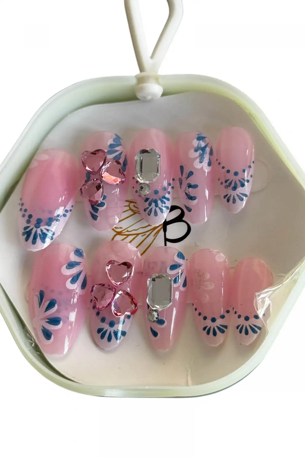 10lu Pembe Ve Mavi Renk Taş Detaylı Takma Tırnak Set (Yapıştırıcılı)