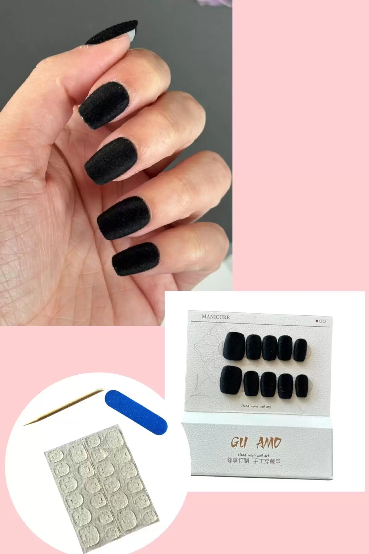 10lu Siyah Renk Kadife Takma Tırnak Set (Yapıştırıcılı)