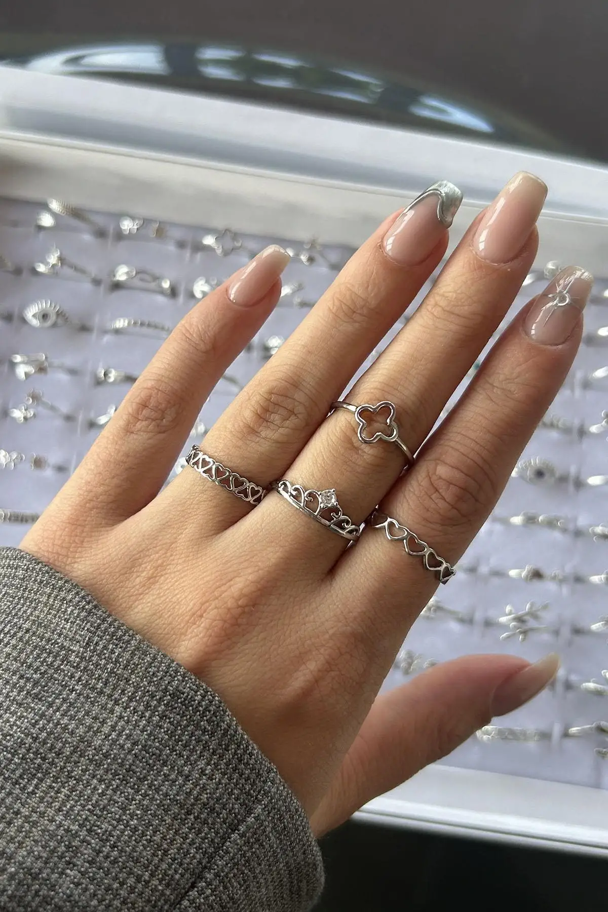 100lü Gümüş Renk Karışık Figürlü Ayarlanabilir Yüzük Set