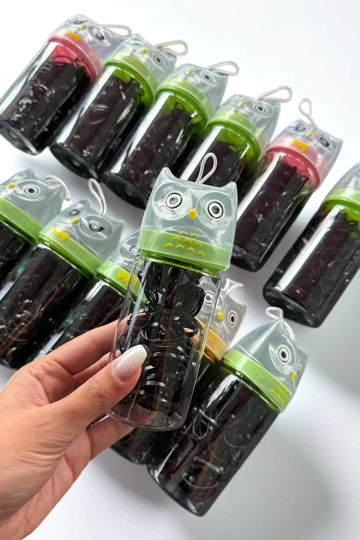 12li Baykuş Figürlü Siyah Renk Perma Lastik Toka Set