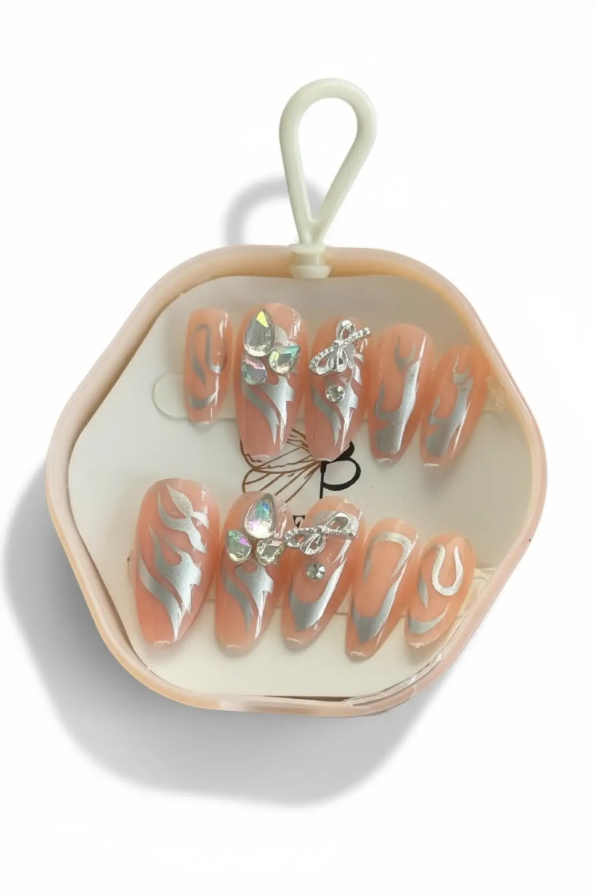 12li Bej Renk Taş Detaylı Takma Tırnak Set (Yapıştırıcılı)