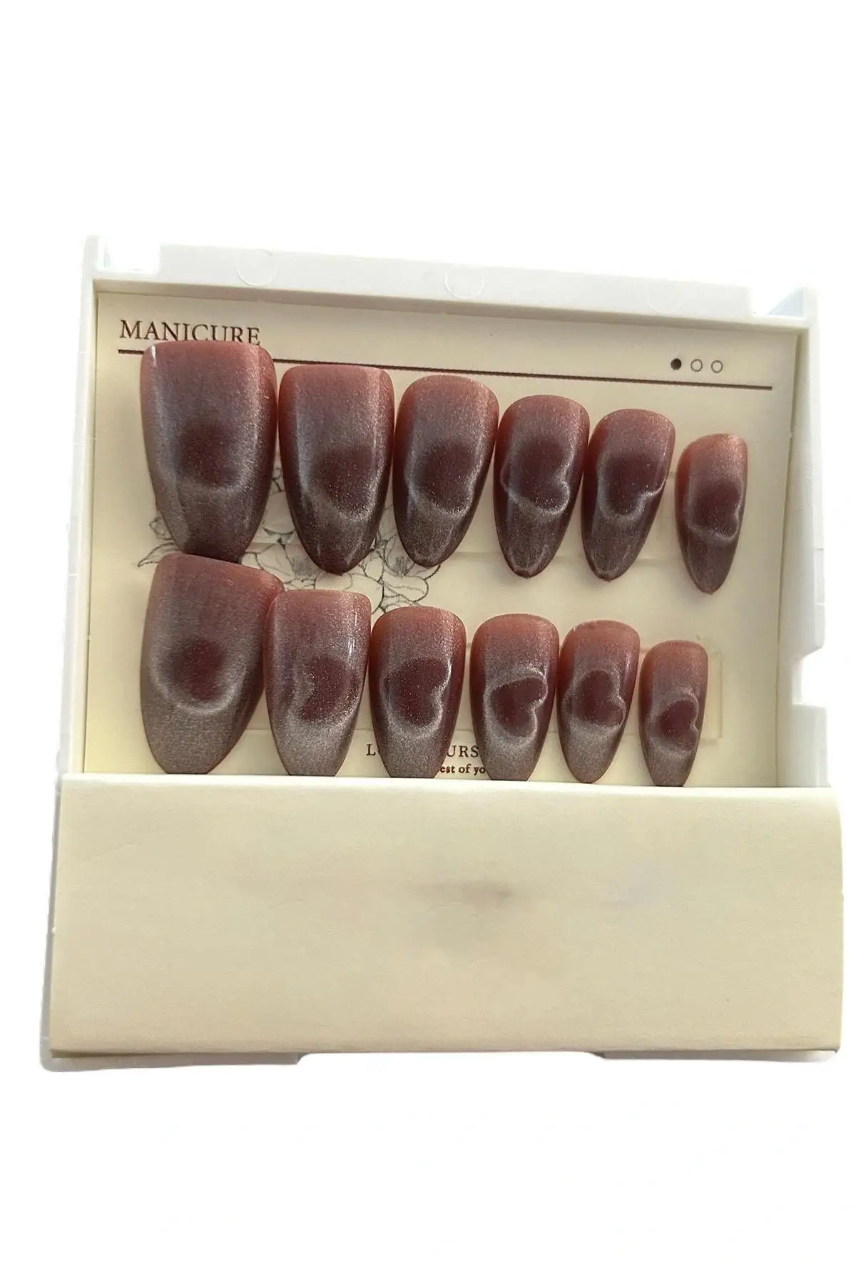 12li Bordo Renk Kalp Desenli Takma Tırnak Set (Yapıştırıcılı)