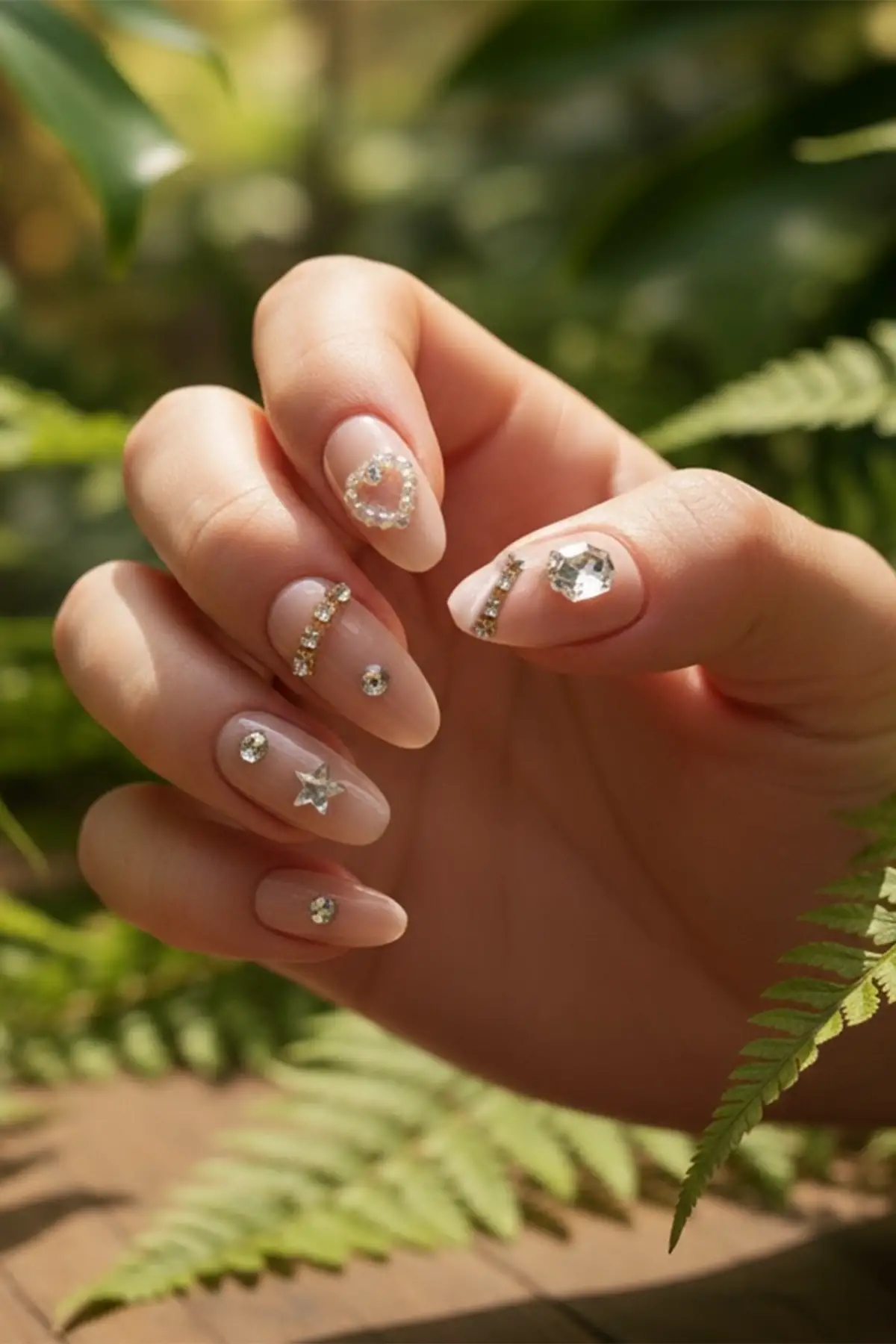 12li Nude Taş Detaylı Krem Renk Takma Tırnak Set (Yapıştırıcılı)