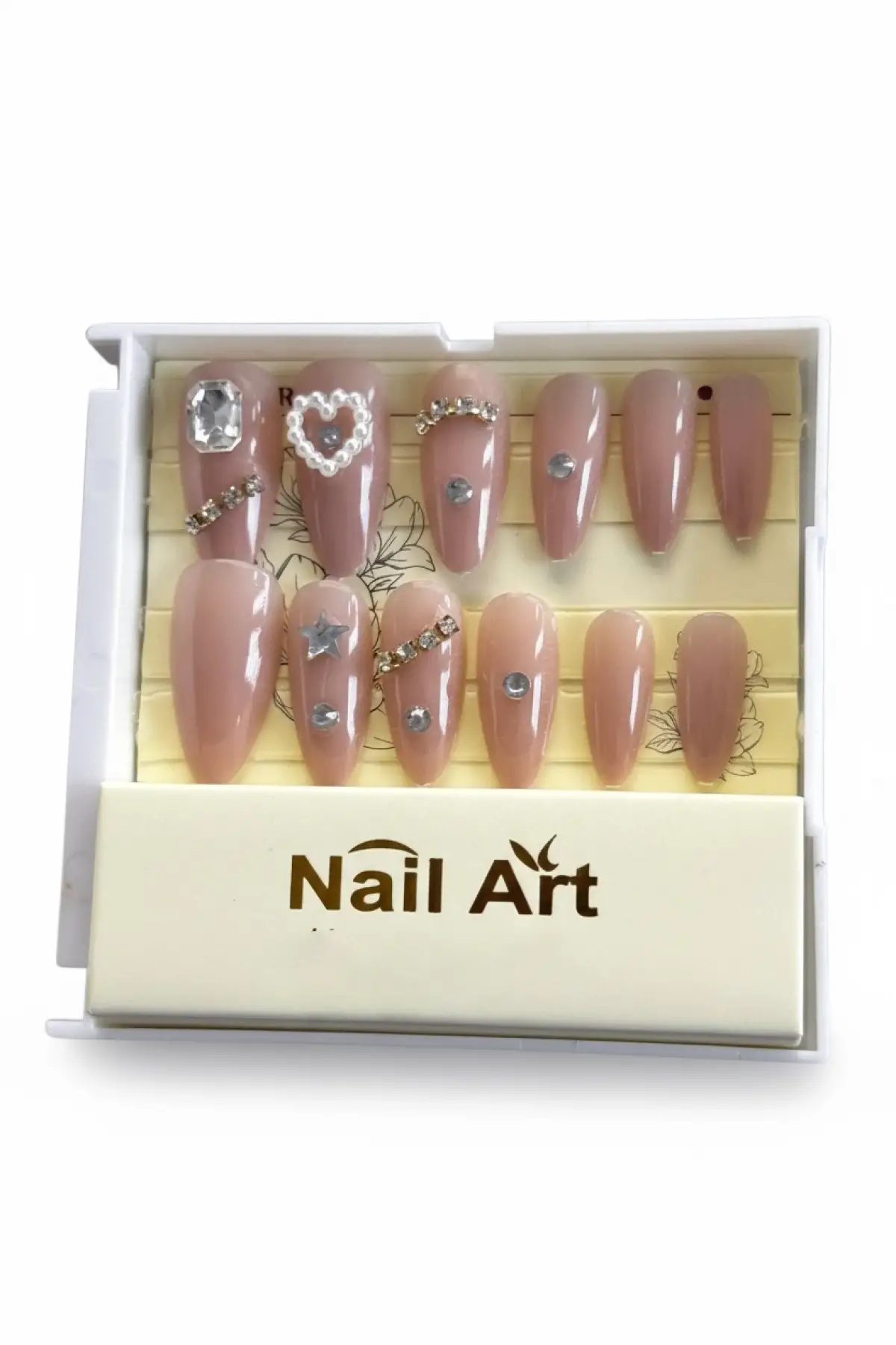12li Nude Taş Detaylı Krem Renk Takma Tırnak Set (Yapıştırıcılı)