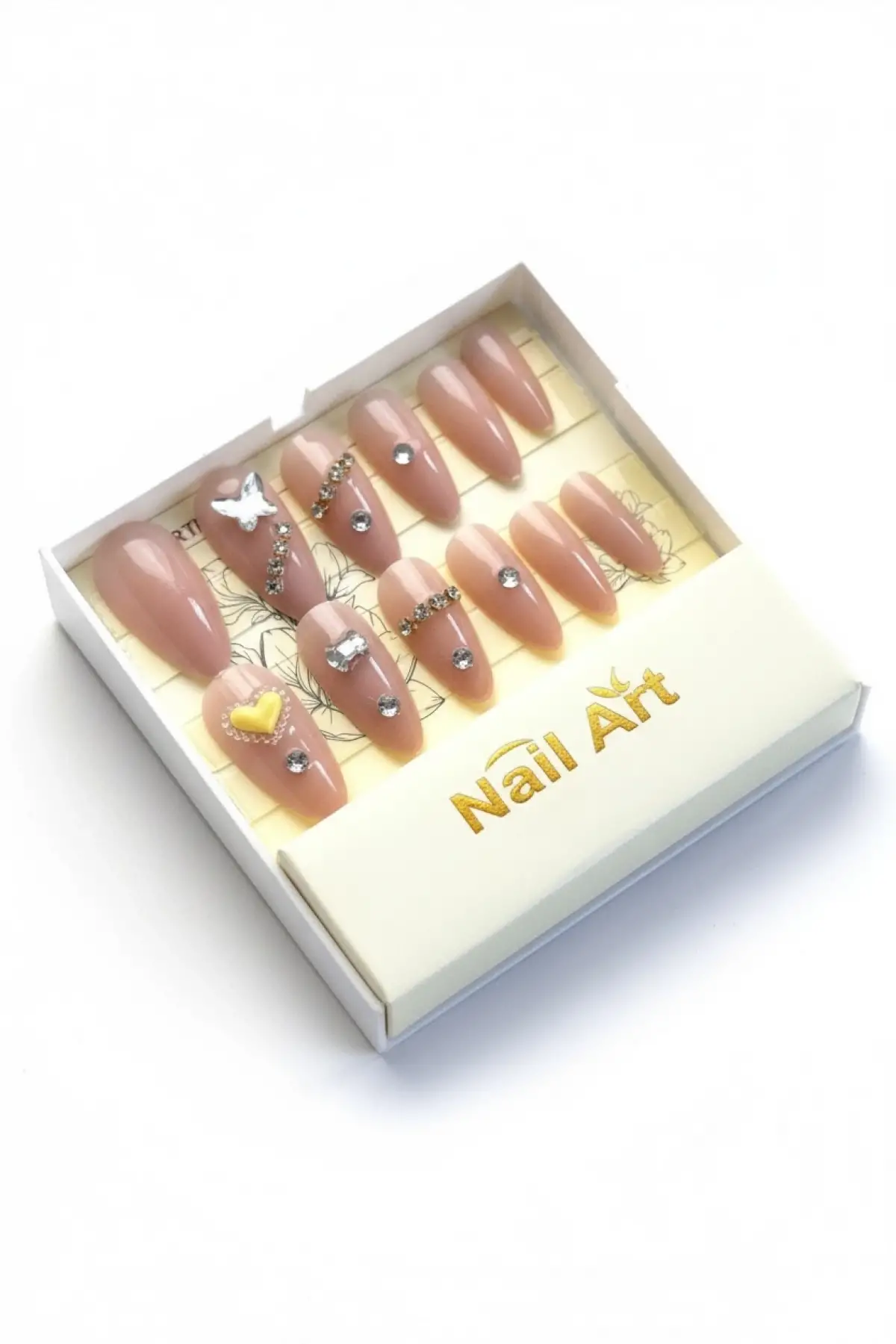 12li Nude Taş Detaylı Krem Renk Takma Tırnak Set (Yapıştırıcılı)