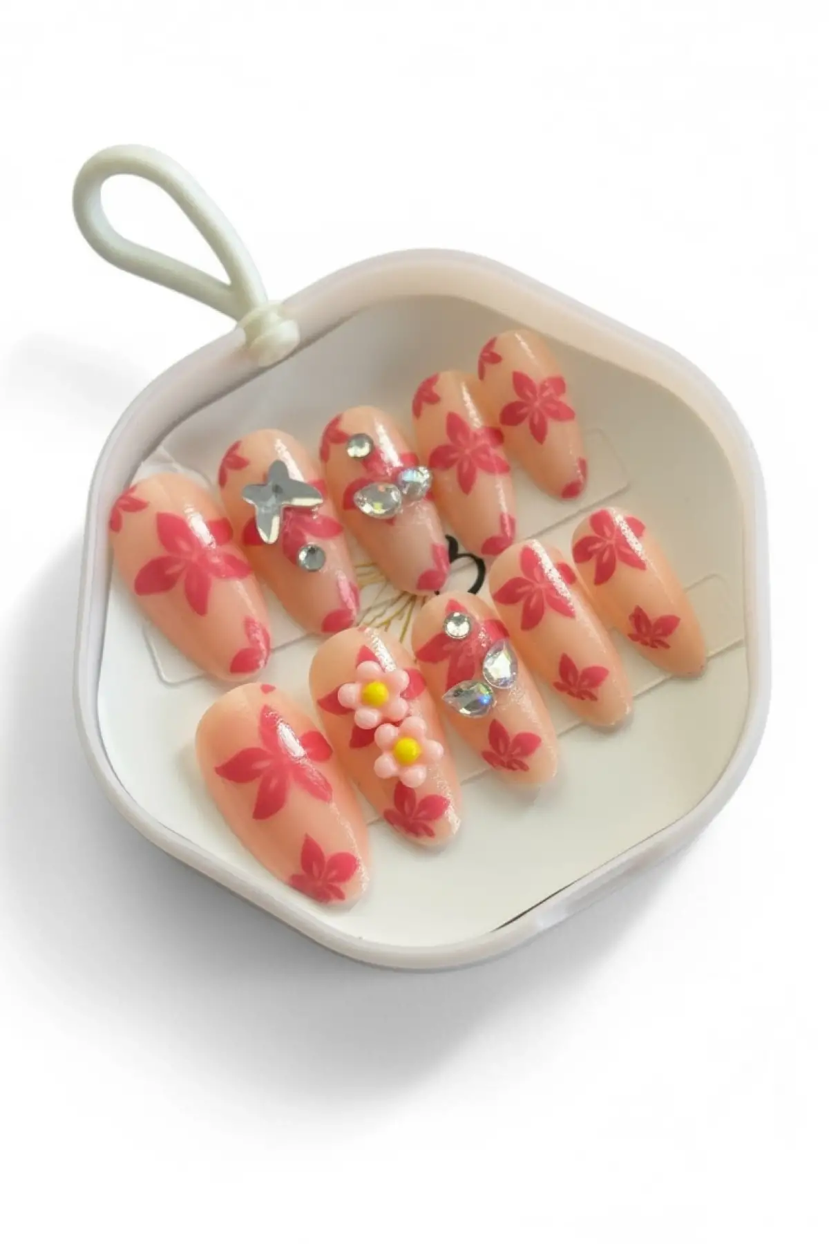 12li Pembe Renk Çiçek Figürlü Takma Tırnak Set (Yapıştırıcılı)