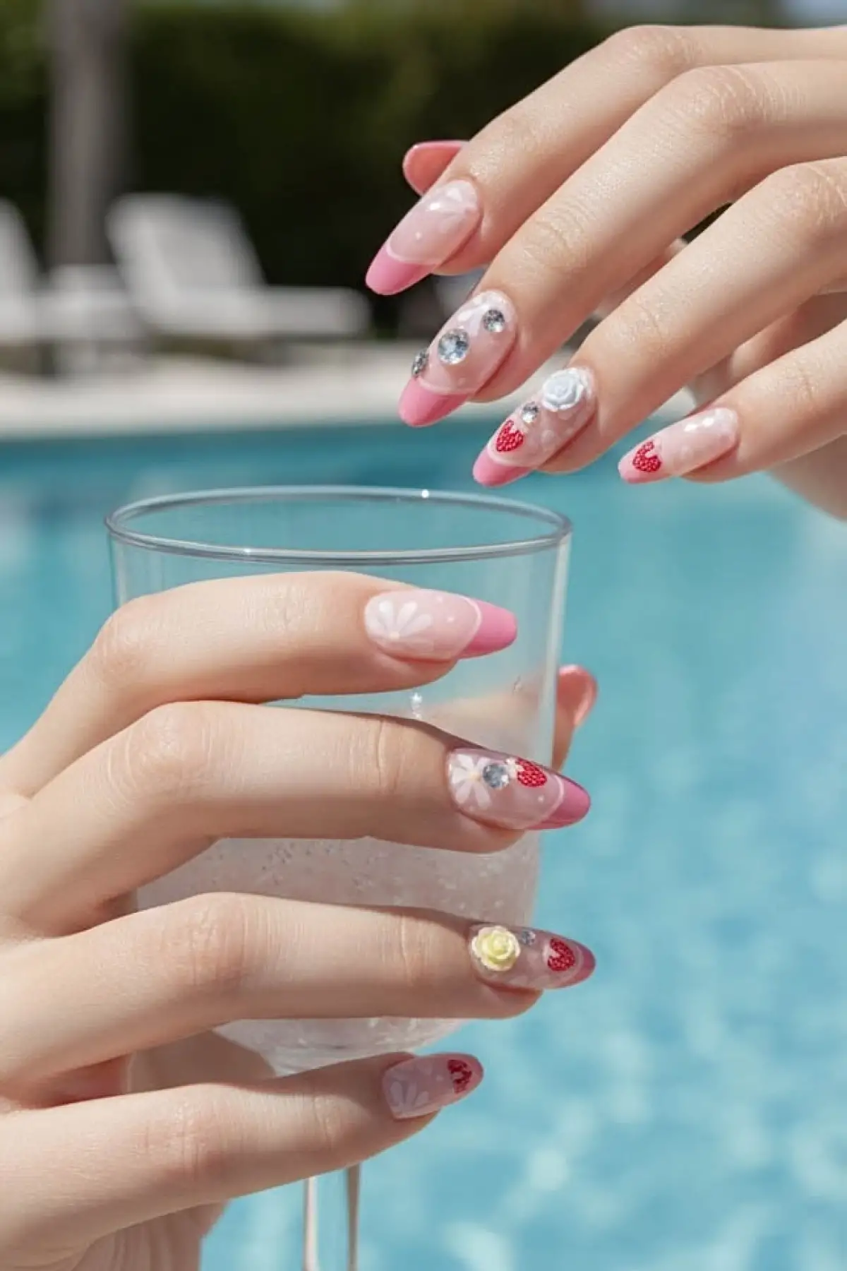 12li Pembe Renk Çilek Figürlü Taş Detaylı Takma Tırnak Set (Yapıştırıcılı)