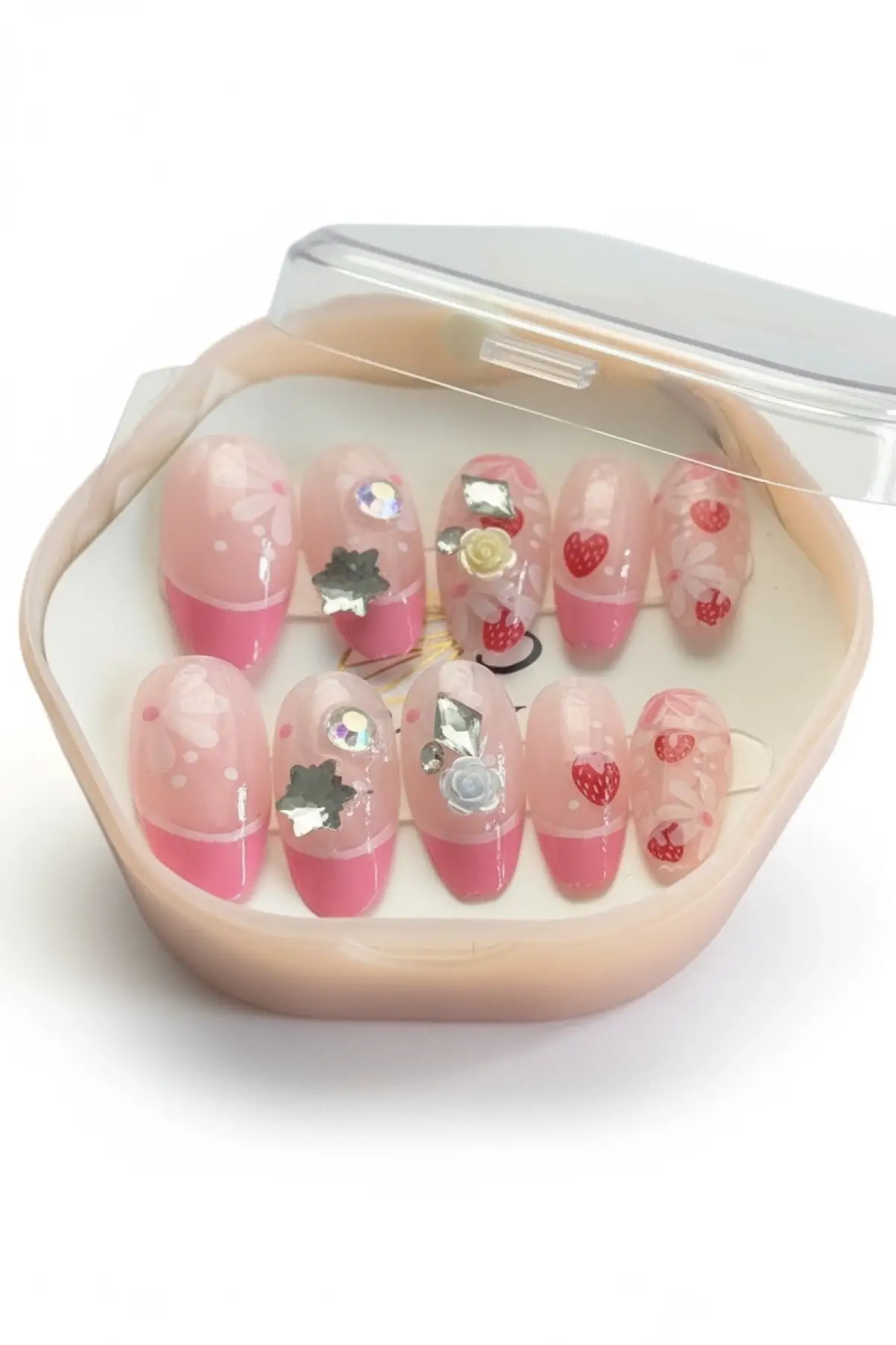12li Pembe Renk Çilek Figürlü Taş Detaylı Takma Tırnak Set (Yapıştırıcılı)