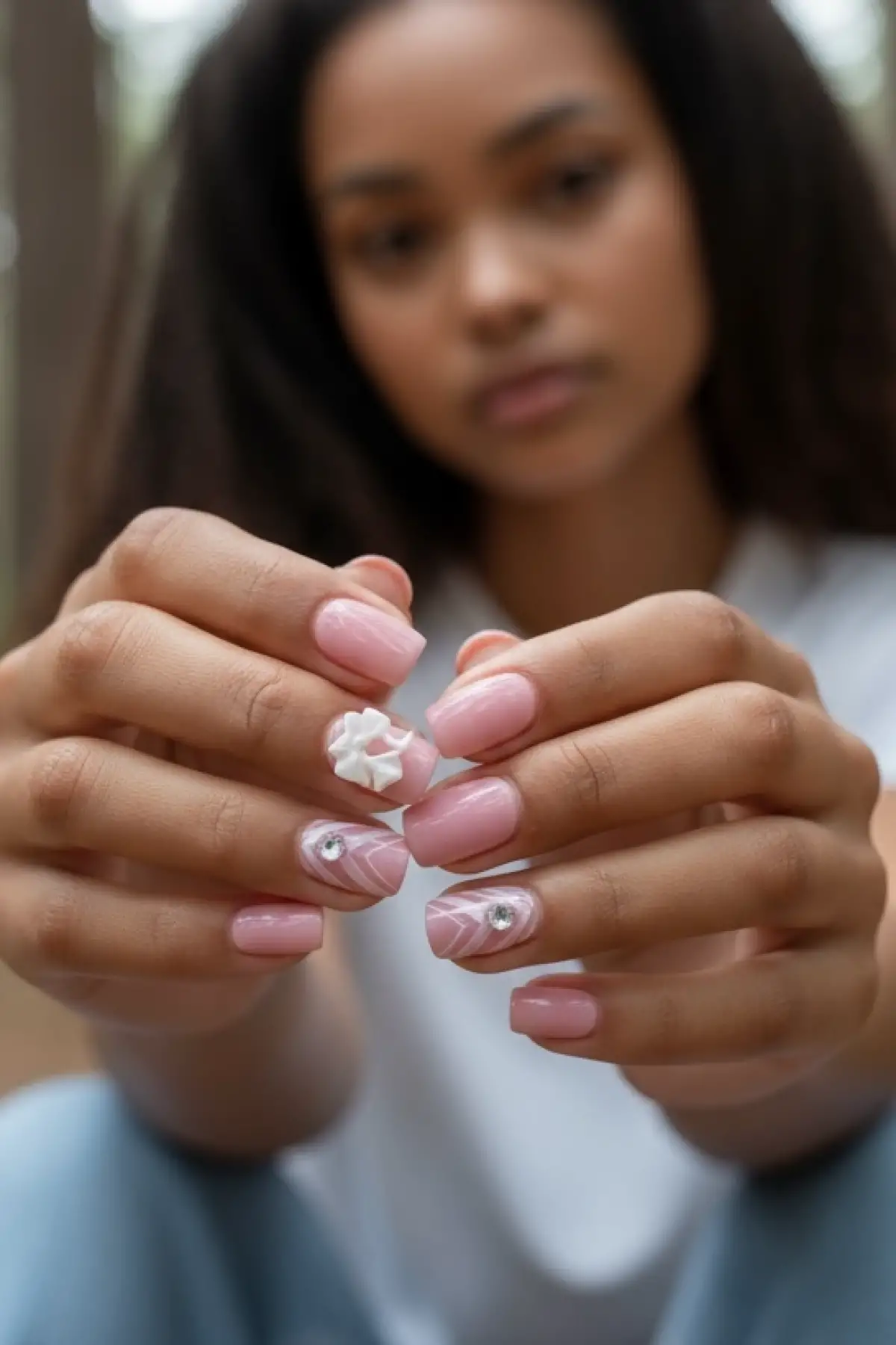 12li Pembe Renk Kurdele Detaylı Takma Tırnak Set (Yapıştırıcılı)