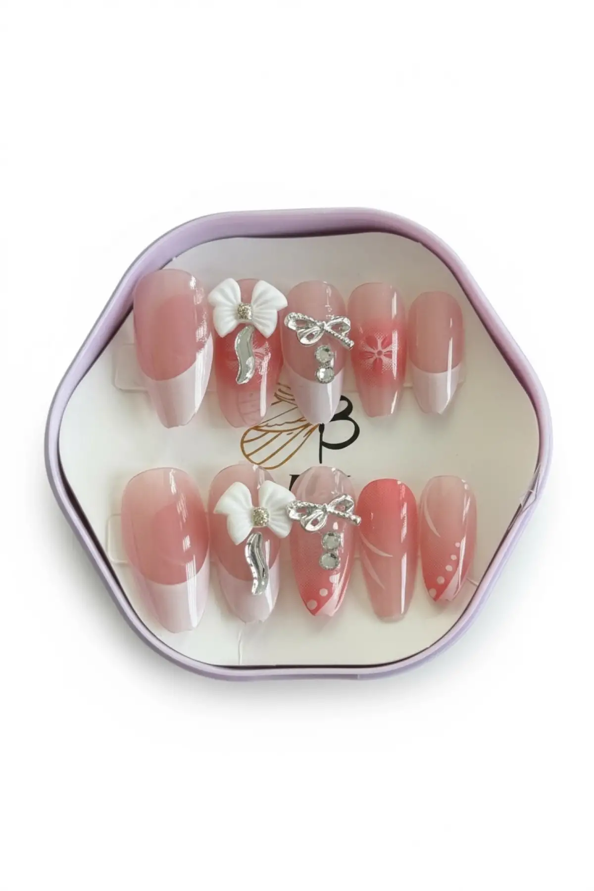 12li Pembe Renk Kurdele Figürlü Taş Detaylı Takma Tırnak Set (Yapıştırıcılı)