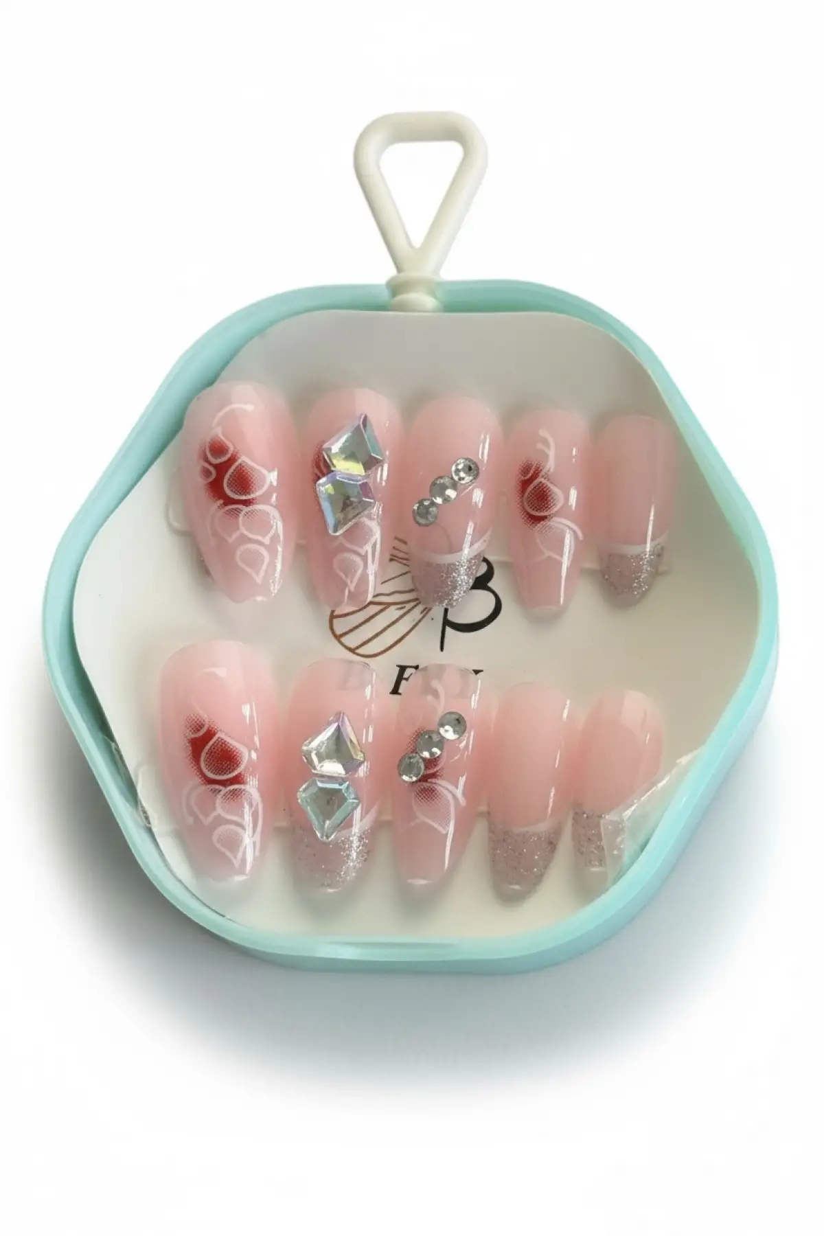 12li Pembe Renk Taş Detaylı Takma Tırnak Set (Yapıştırıcılı)