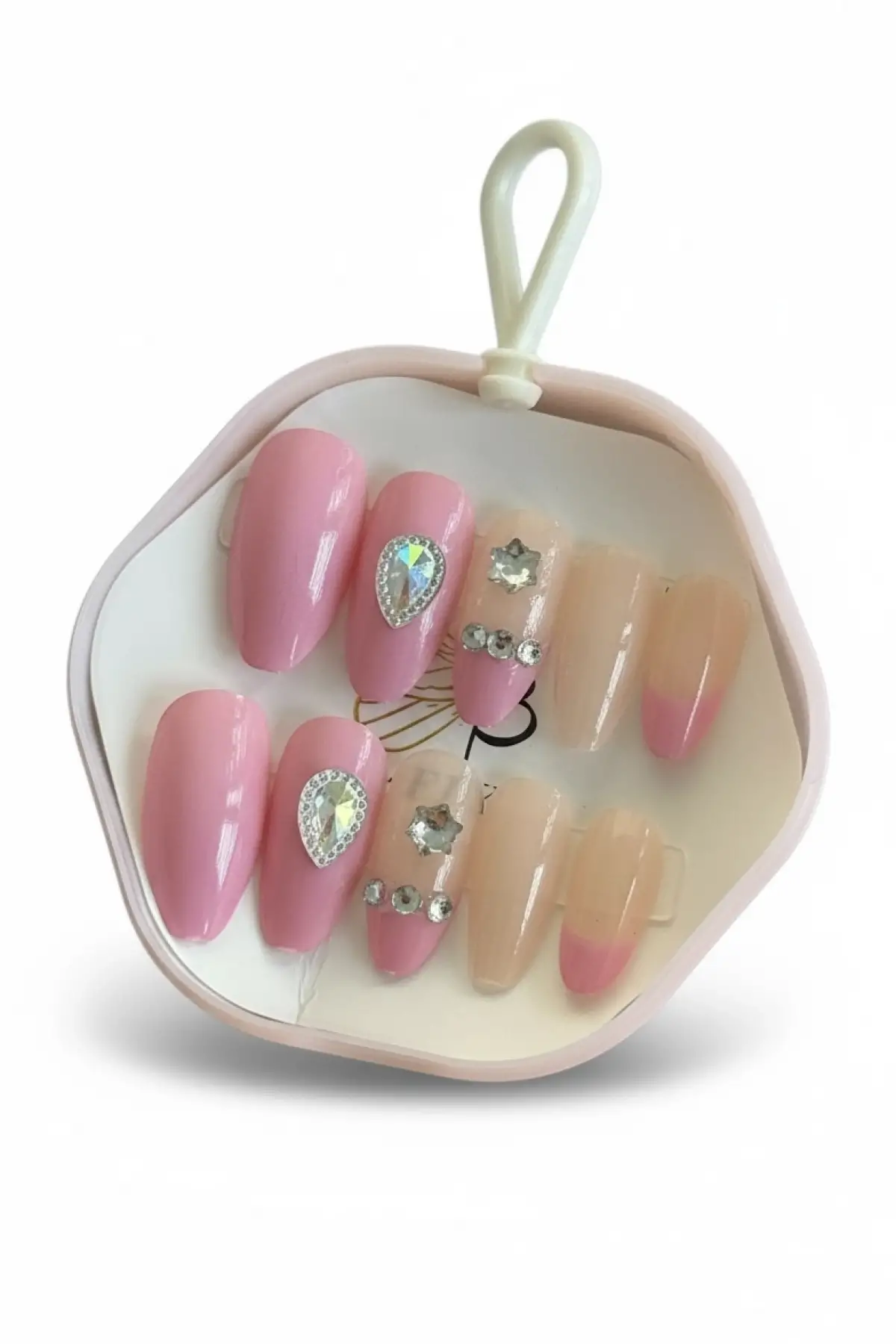 12li Pembe Renk Taş Detaylı Takma Tırnak Set (Yapıştırıcılı)