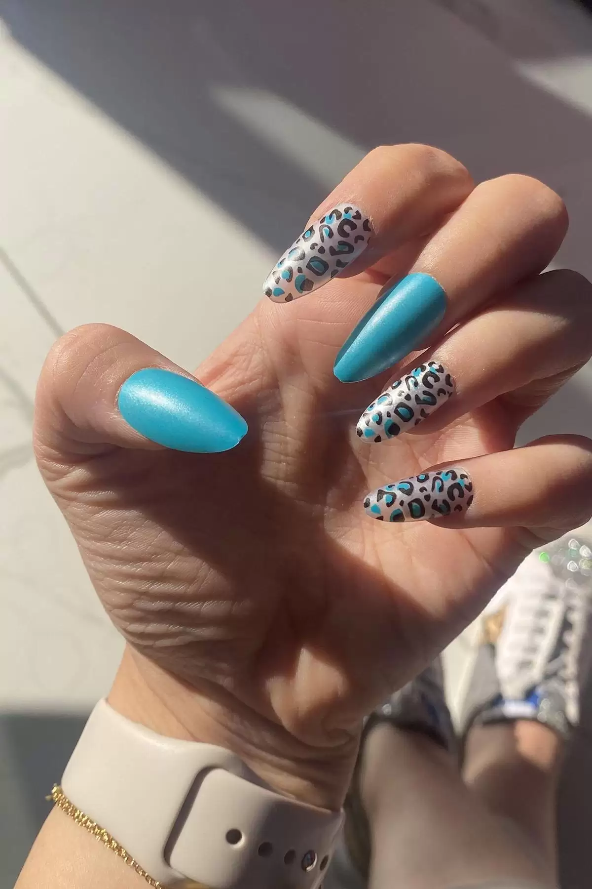 12li Turkuaz Renk Leopar Nail Art Figürlü Takma Tırnak Seti (Yapıştırıcılı)