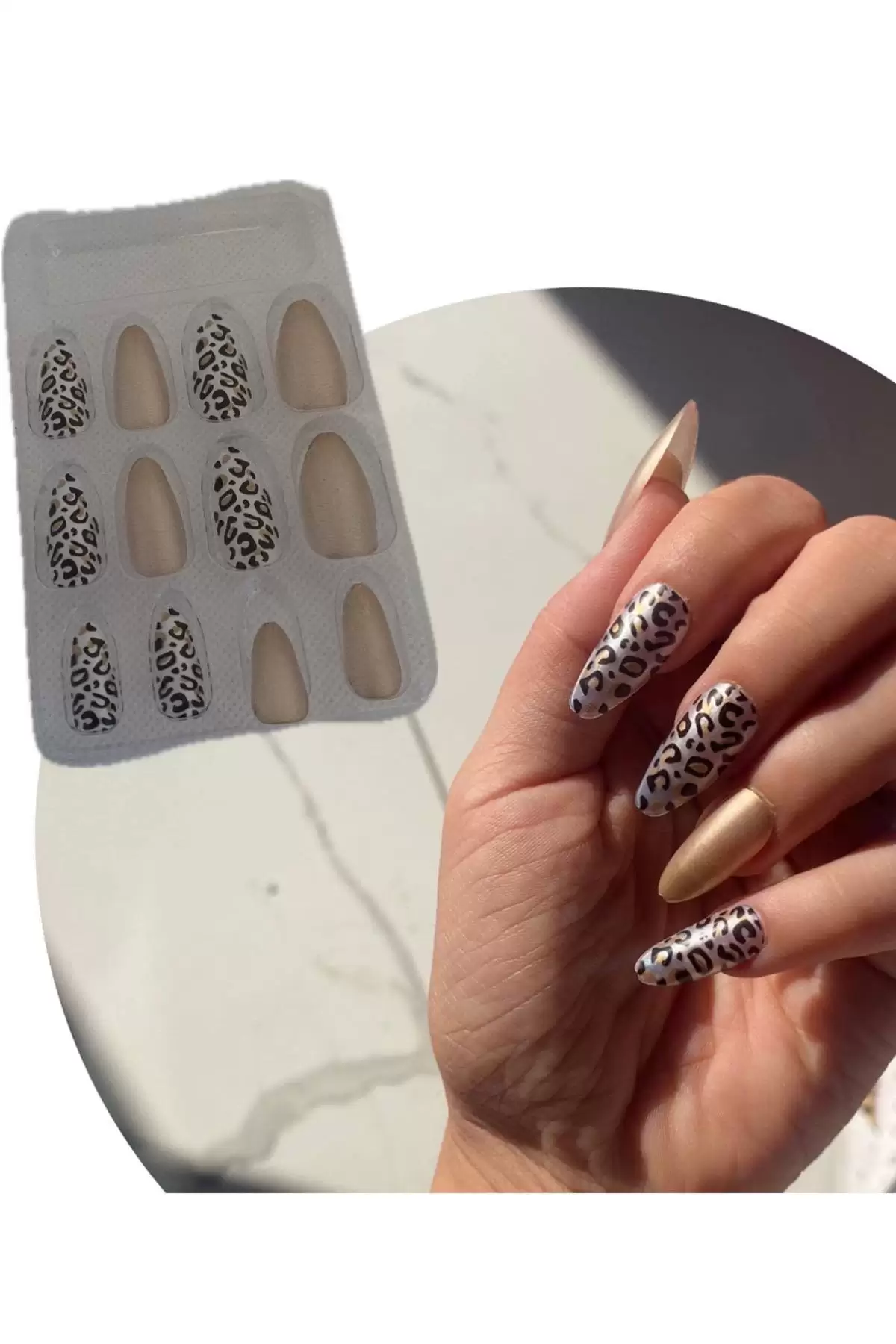 12li Vizon Renk Leopar Nail Art Figürlü Takma Tırnak Seti (Yapıştırıcılı)