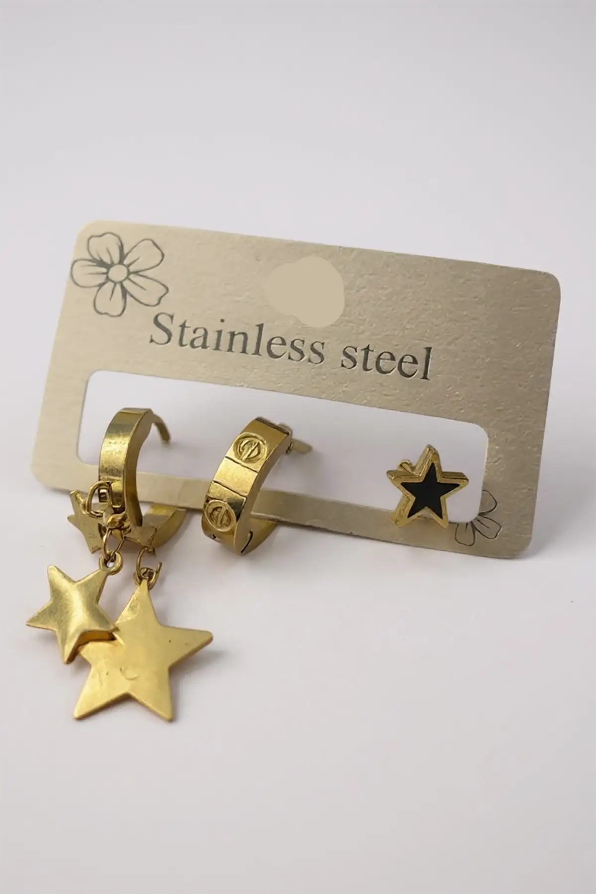 3lü Altın Renk Karışık Figürlü Çelik Küpe Set