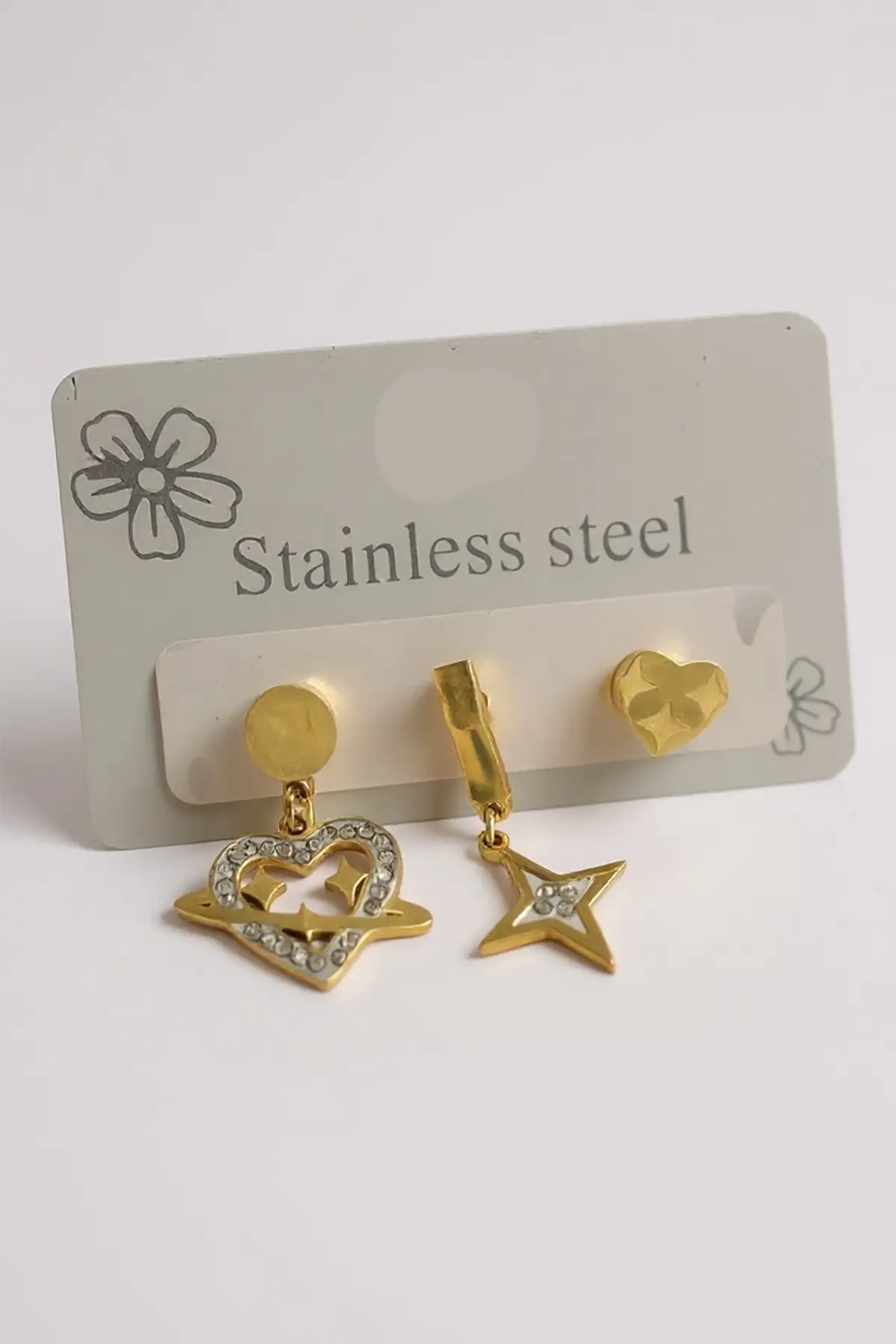 3lü Altın Renk Karışık Figürlü Çelik Küpe Set