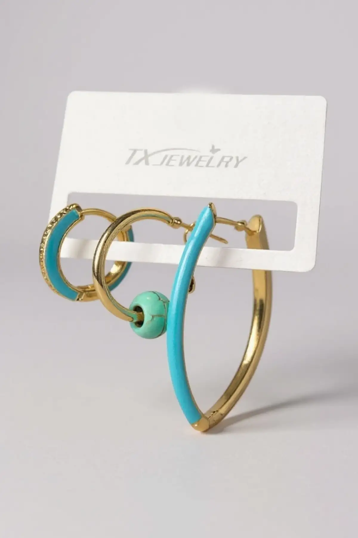 3lü Altın Renk Mavi Taş Detaylı 14K Altın Kaplama TX Küpe