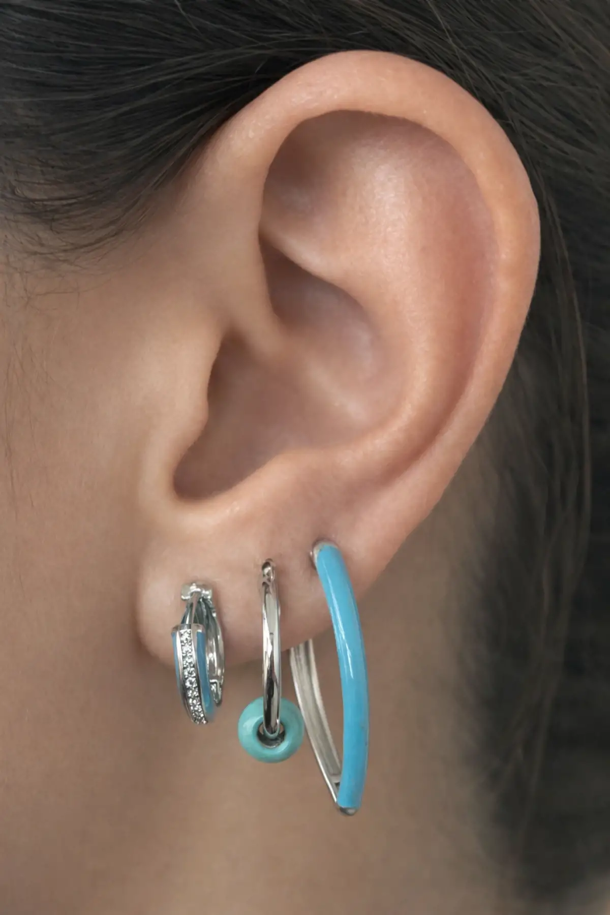 3lü Gümüş Renk Mavi Taş Detaylı 14K Altın Kaplama TX Küpe