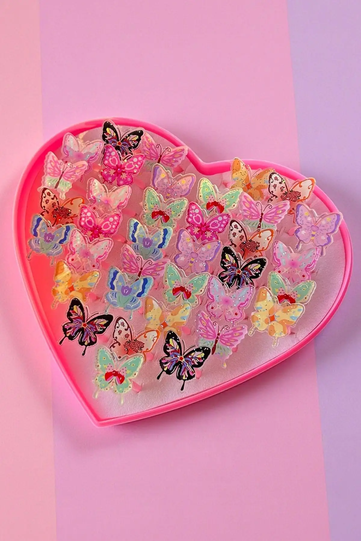 36lı Karışık Renk Kelebek Figürlü Çocuk Yüzük Set