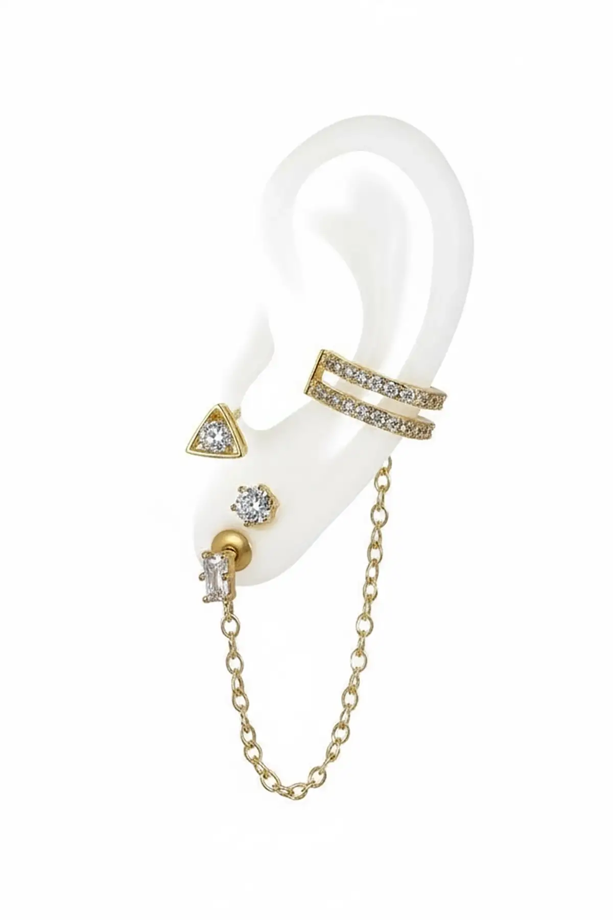 4lü Altın Renk Taş Detaylı Küpe Set