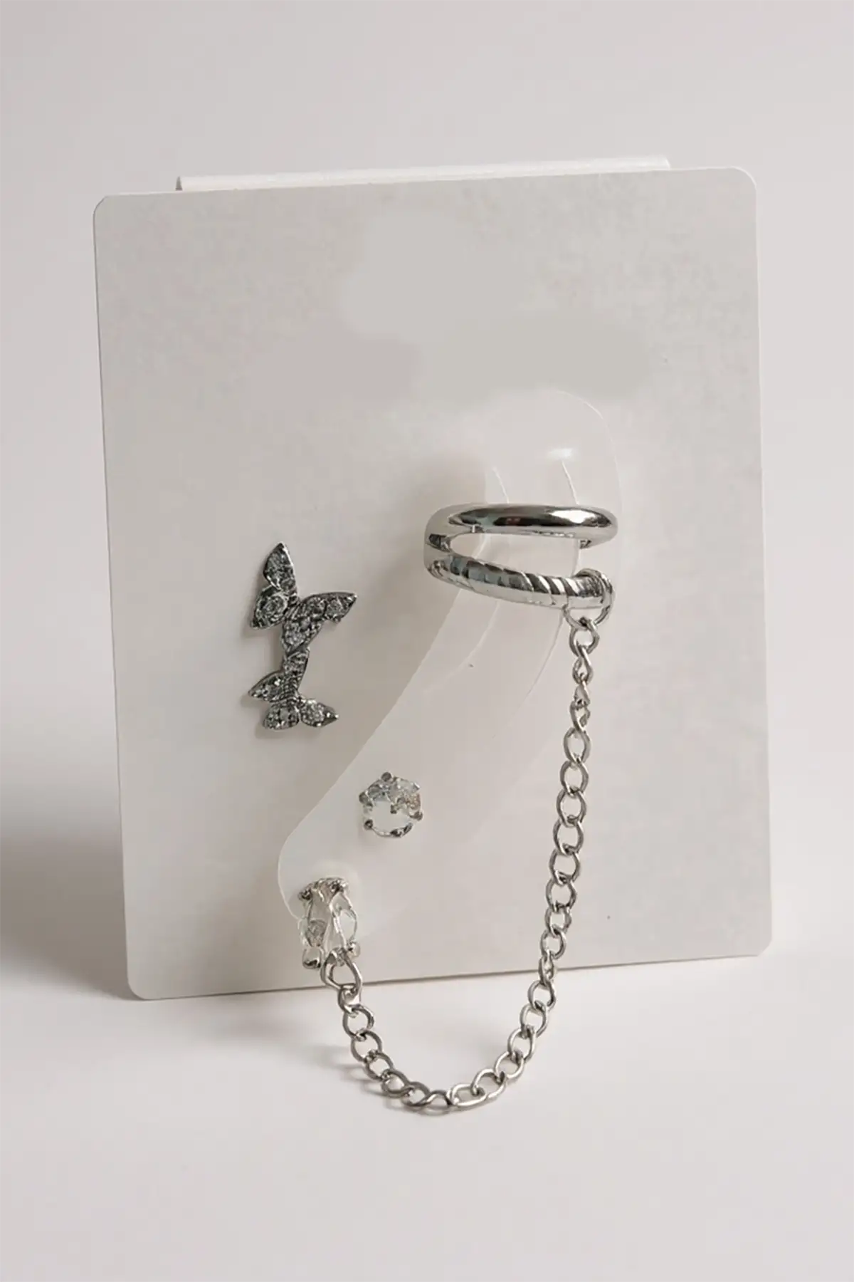 4lü Gümüş Renk Kelebek Figürlü Taş Detaylı Küpe Set