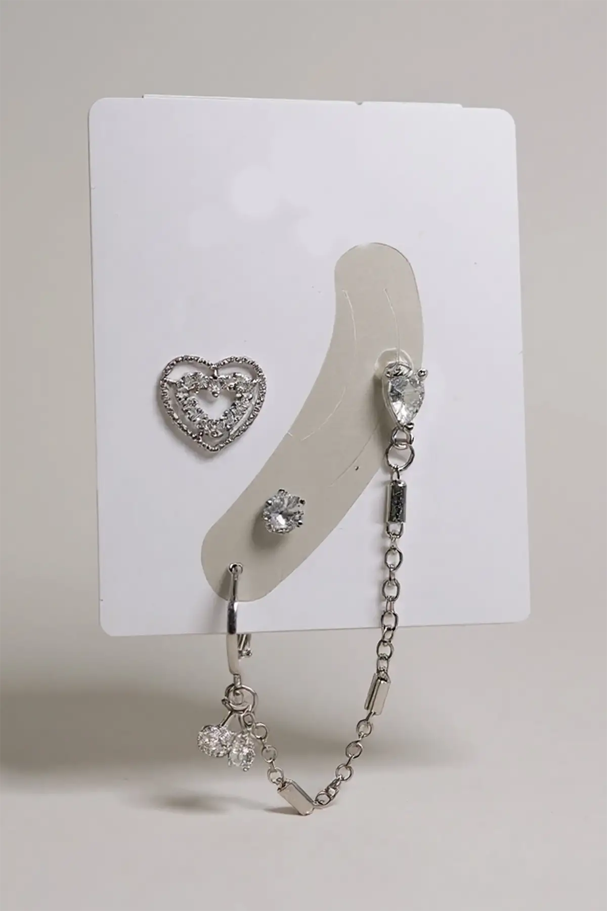 4lü Gümüş Renk Taş Detaylı Küpe Set