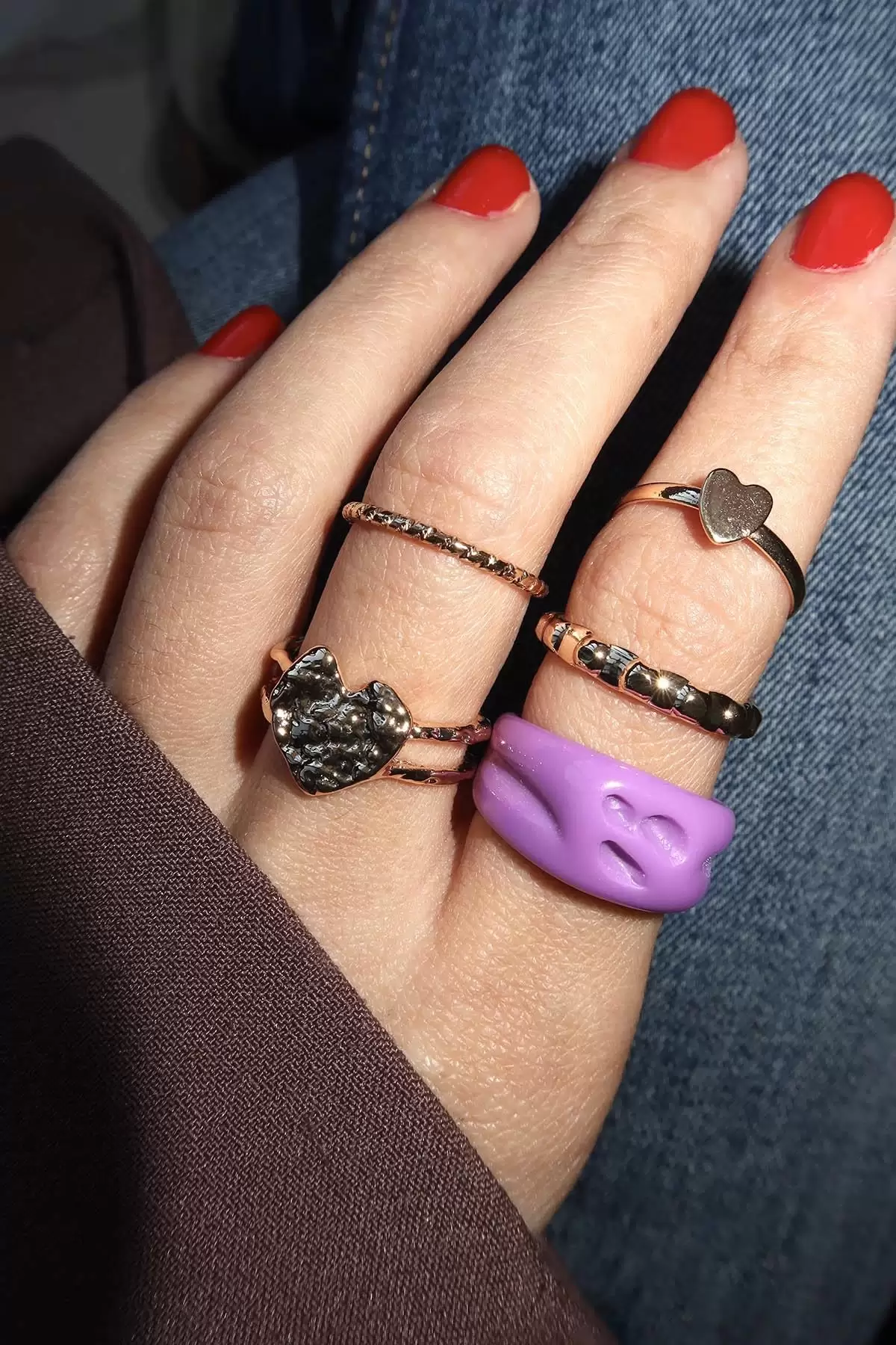 5li Altın Ve Mor Renk Karışık Figürlü Yüzük Set