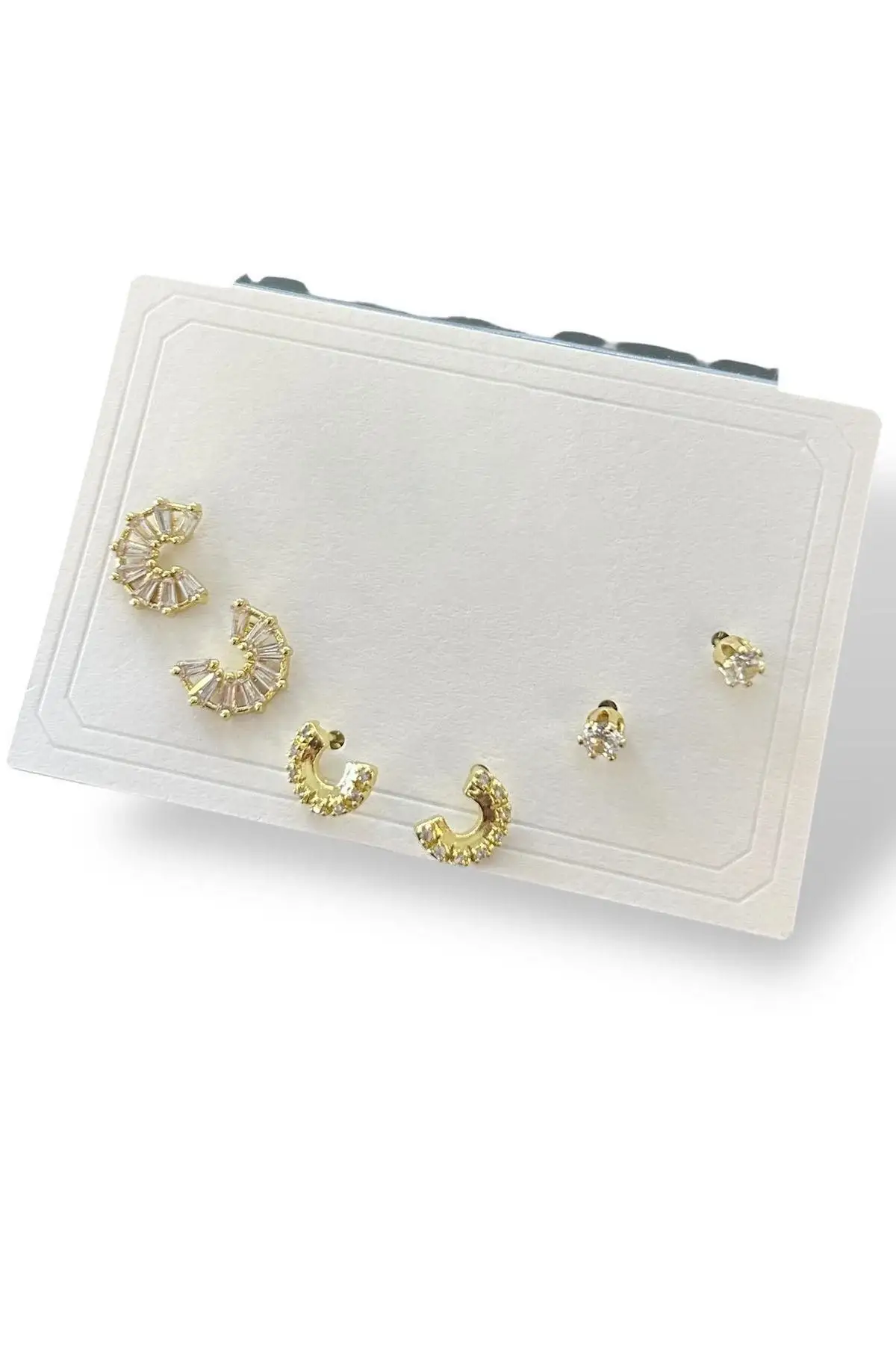 6lı Altın Renk Taş Detaylı 14k Altın Kaplama Küpe Set