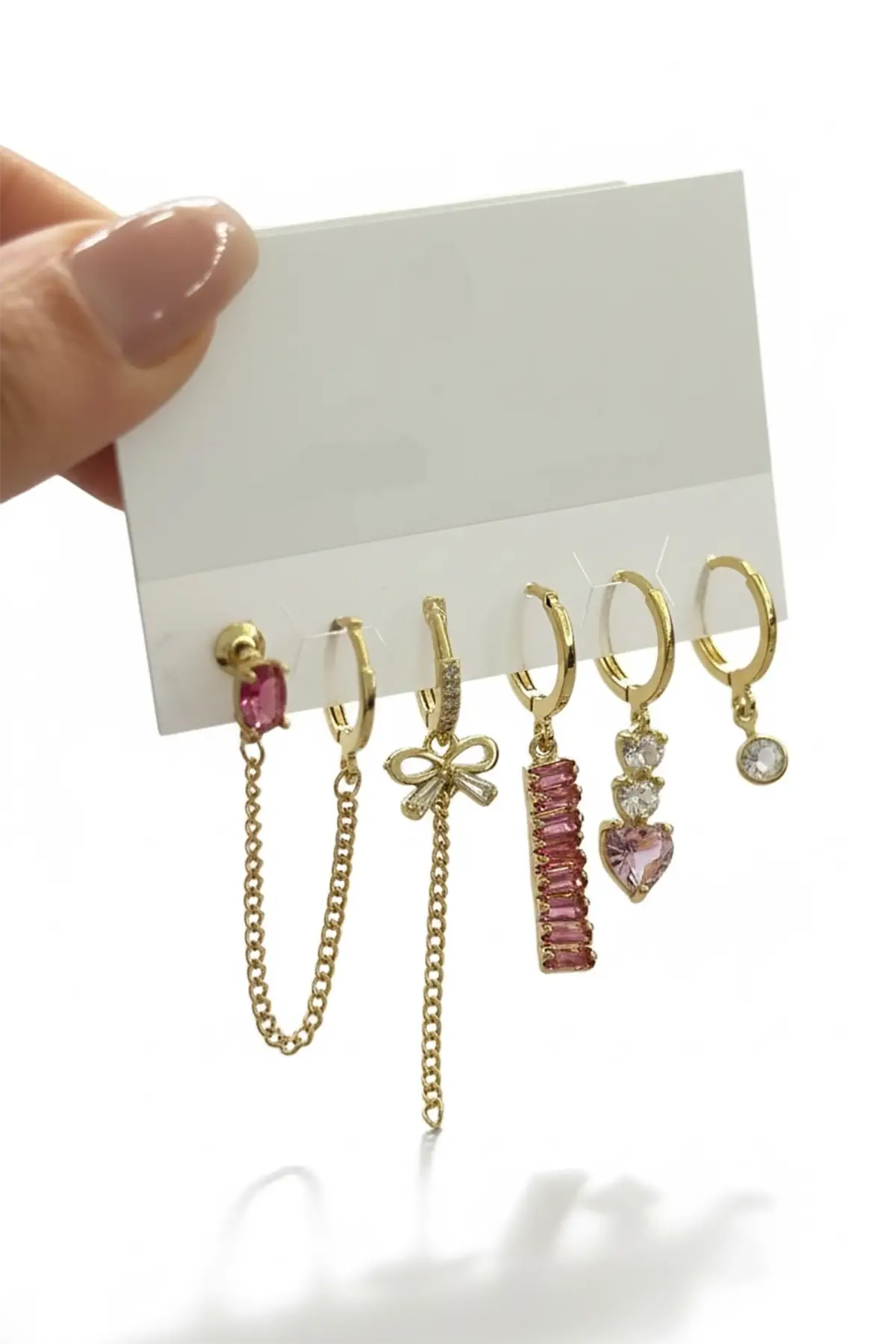 6lı Altın Renk Taş Detaylı Küpe Set