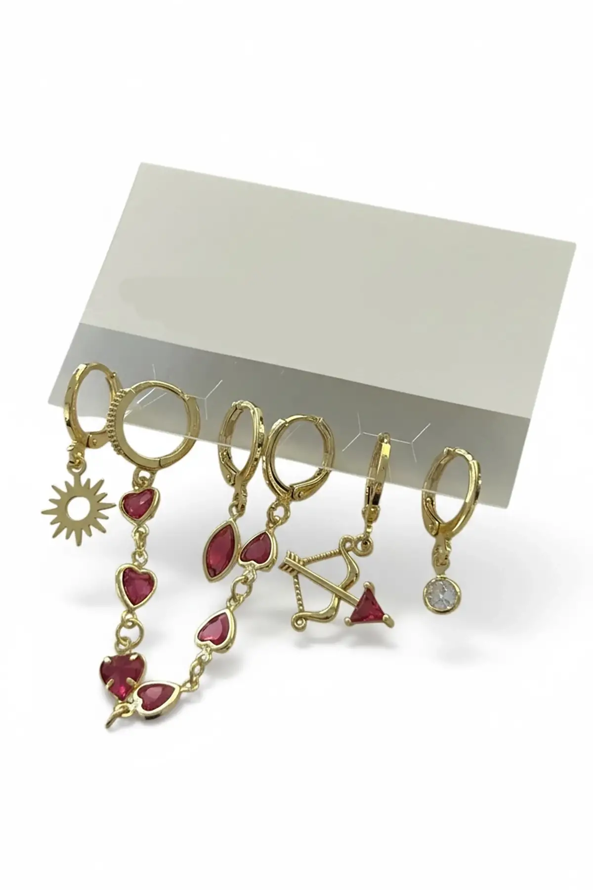 6lı Altın Renk Taş Detaylı Küpe Set