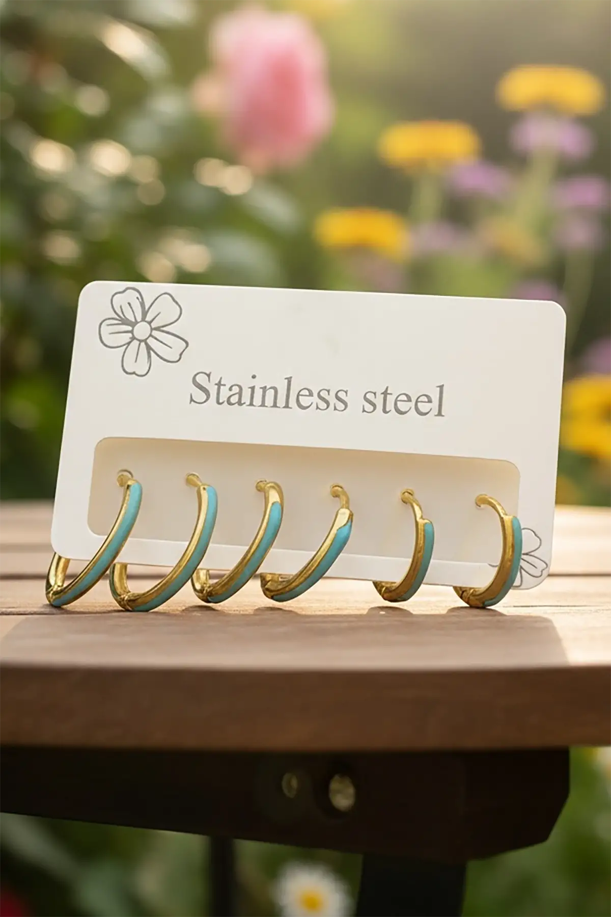 6lı Altın Ve Mavi Renk Çelik Halka Küpe Set