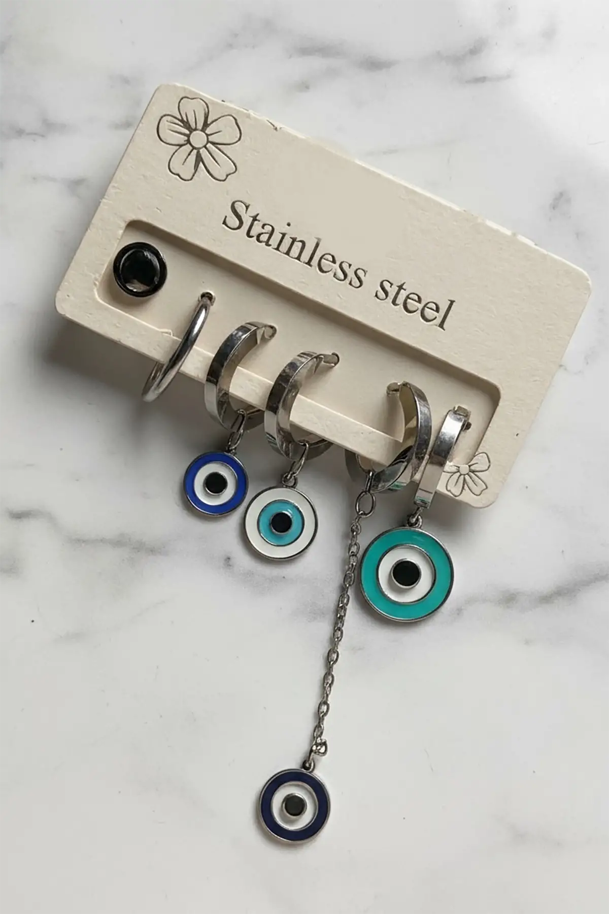 6lı Gümüş Renk Nazar Boncuk Figürlü Çelik Halka Küpe Set