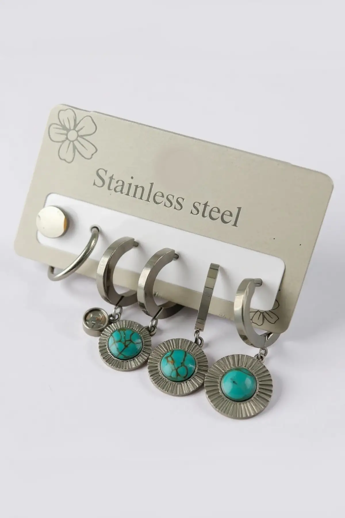 6lı Gümüş Renk Taş Detaylı Çelik Küpe Set