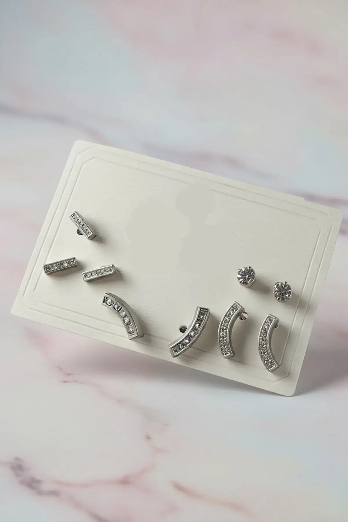 6lı Gümüş Renk Taş Detaylı Küpe Set