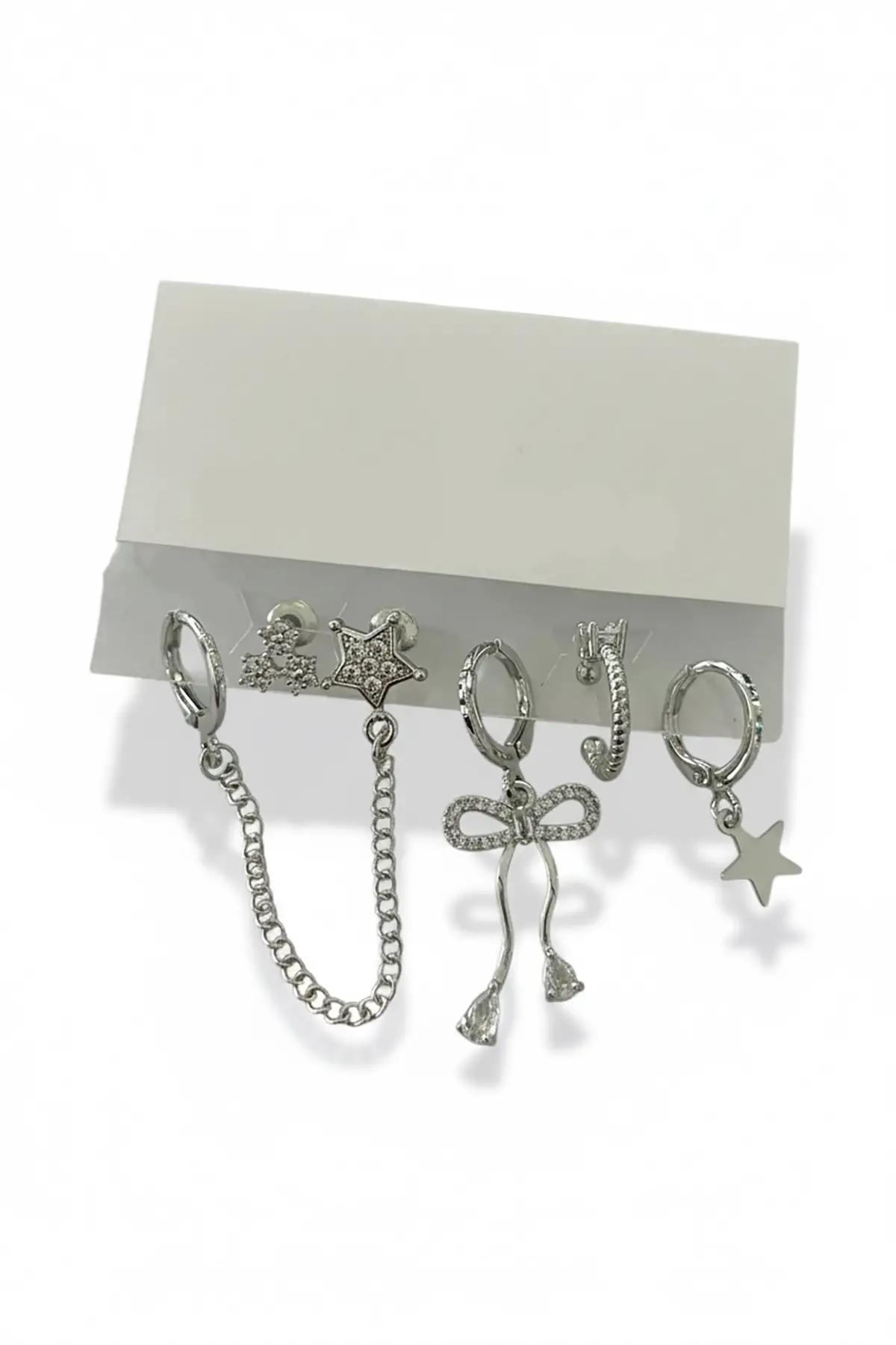 6lı Gümüş Renk Taş Detaylı Küpe Set